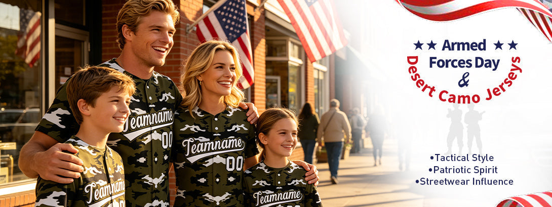 Family in matching desert camo baseball jerseys celebrating Armed Forces Day, wearing tactical patriotic streetwear team uniforms with custom "Teamname" text, American flags in background