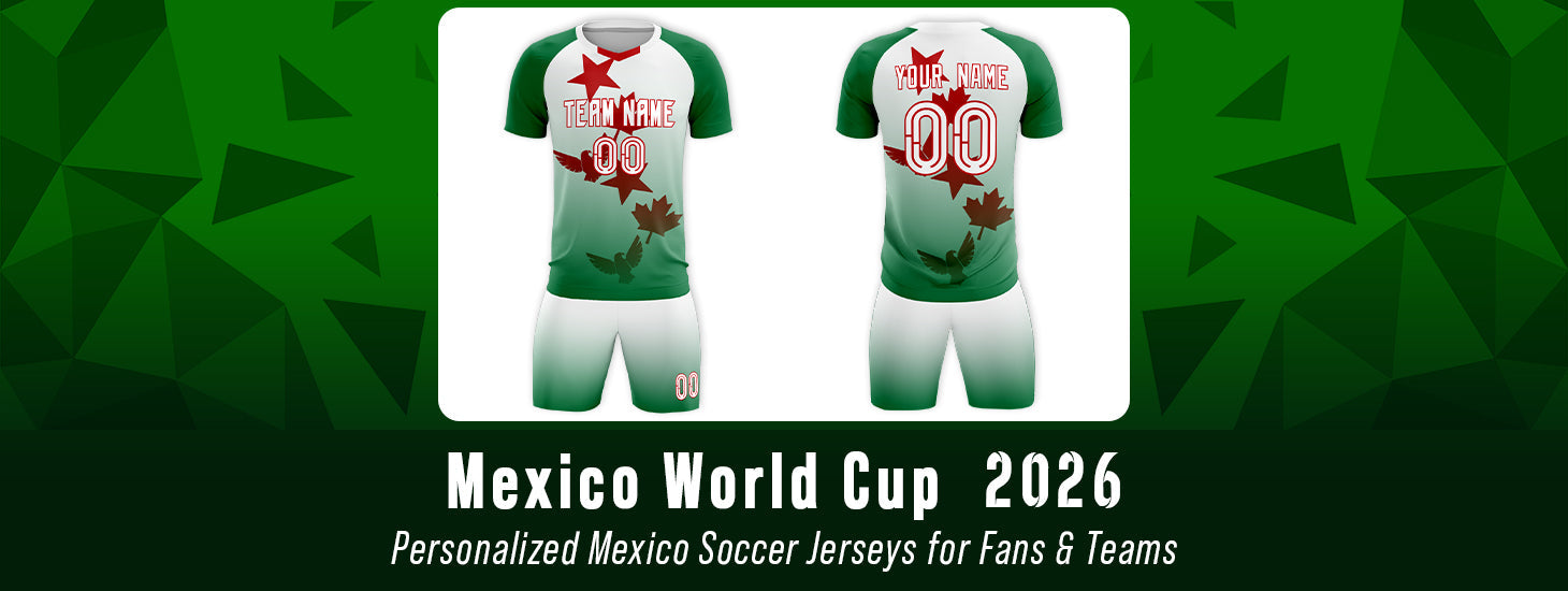 Custom Mexico 2026 World Cup soccer jersey with personalized name and number, green and white gradient design with maple leaf and stars, front and back view