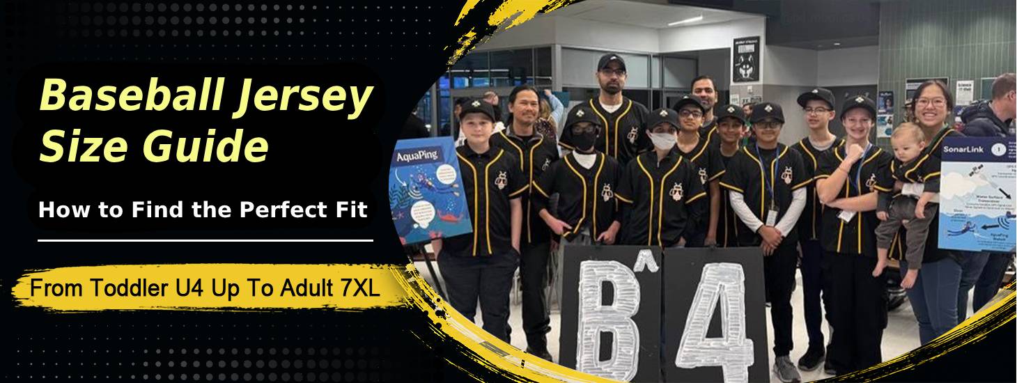 Kxkshop baseball jersey size guide, youth and adult sports team in custom black yellow sublimated uniforms, full sizing toddler U4 to adult 7XL for all body fits including plus sizes