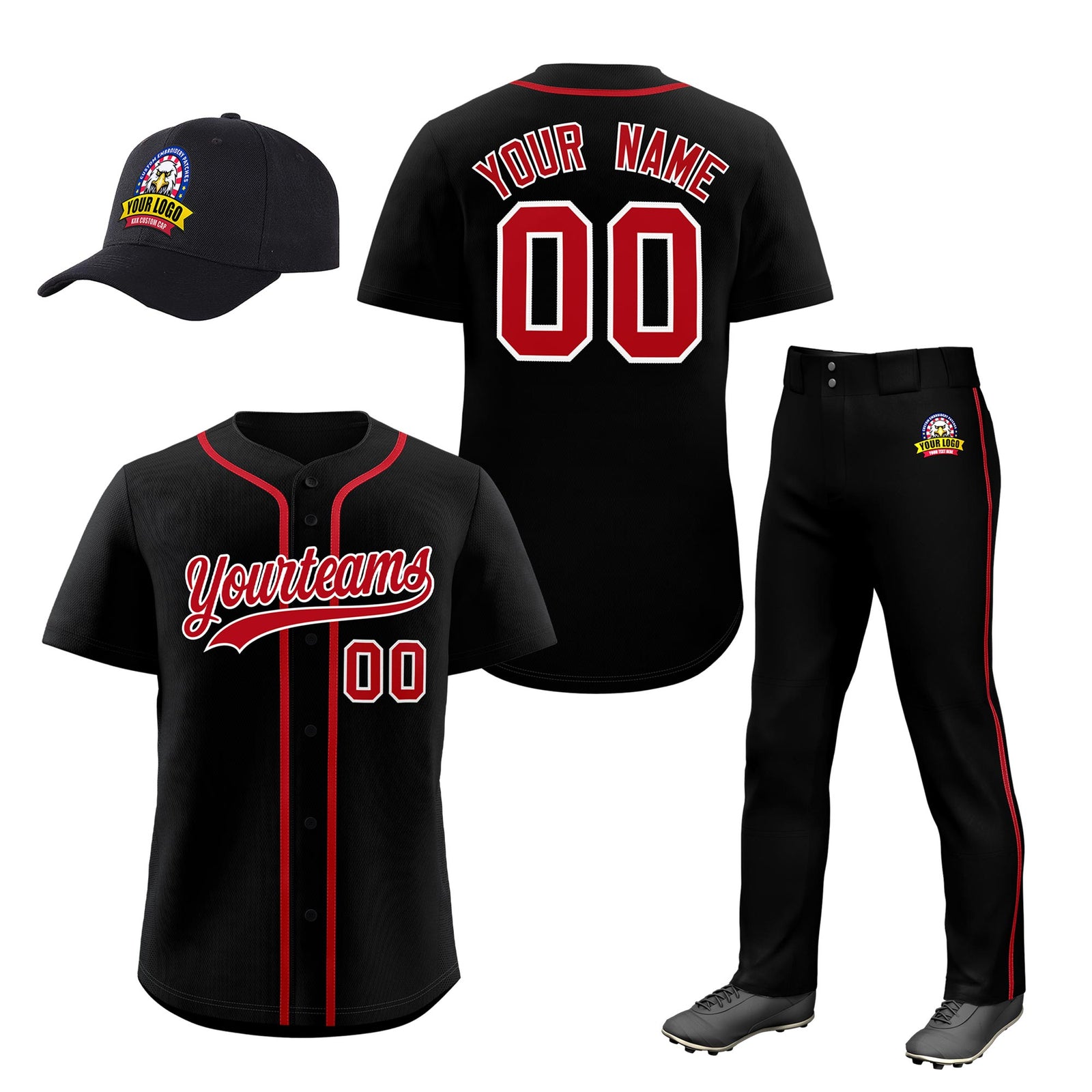 Custom Black Red Classic Style Baseball Uniform Jersey/Pants/Hat Package For Team |KXKSHOP