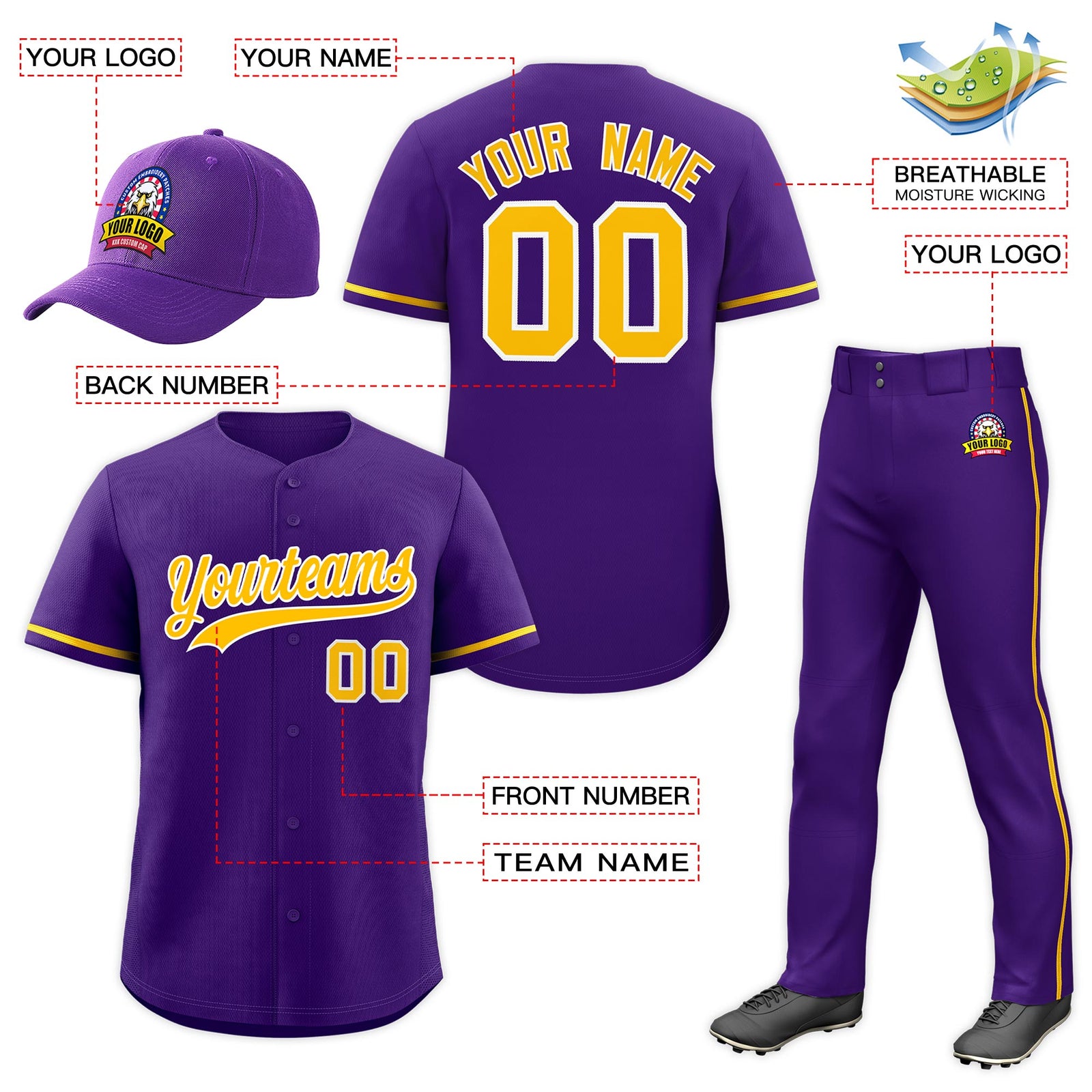 Custom Purple Gold Classic Style Baseball Uniform Jersey/Pants/Hat Package For Team |KXKSHOP