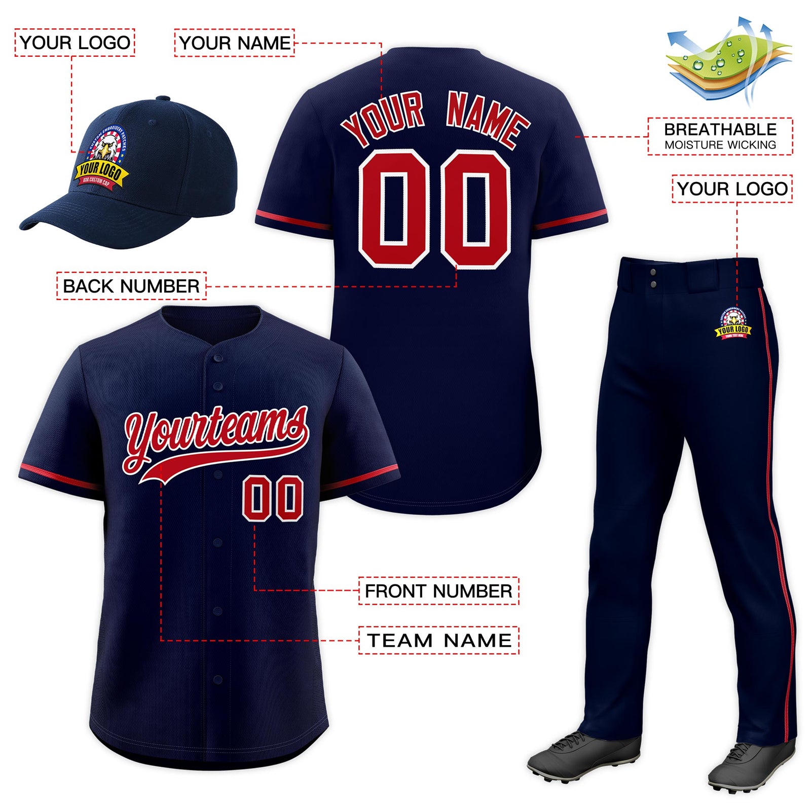 Custom Navy Red Classic Style Baseball Uniform Jersey/Pants/Hat Package For Team |KXKSHOP