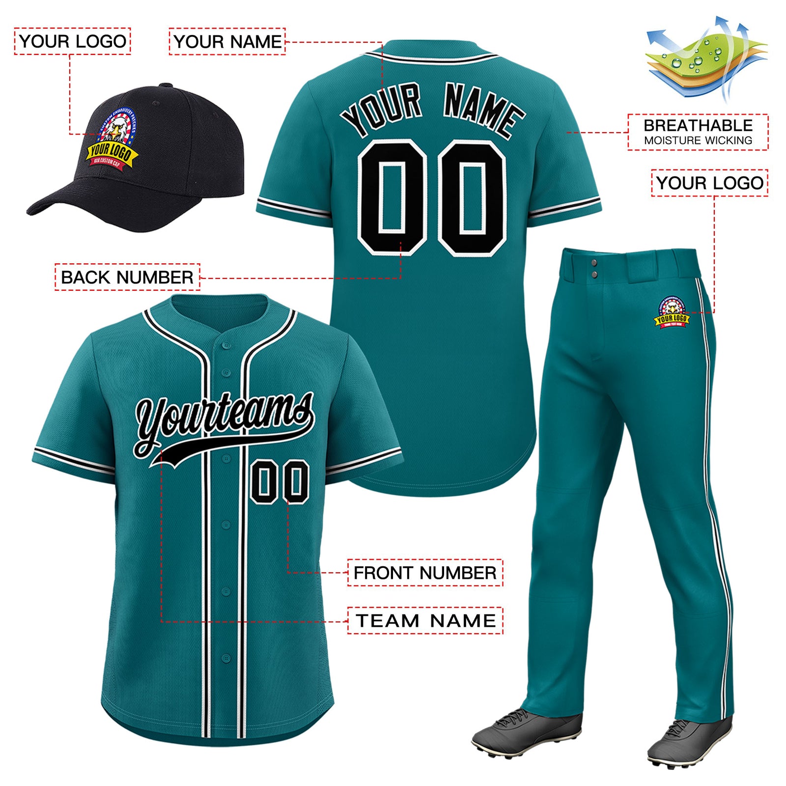 Custom Teal Black Classic Style Baseball Uniform Jersey/Pants/Hat Package For Team |KXKSHOP