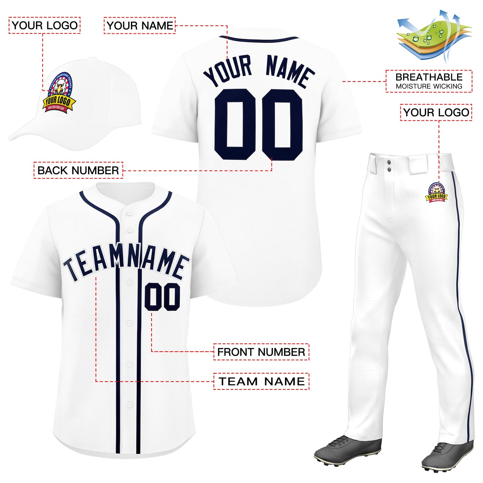 Custom White Navy Classic Style Baseball Uniform Jersey/Pants/Hat Package For Team |KXKSHOP