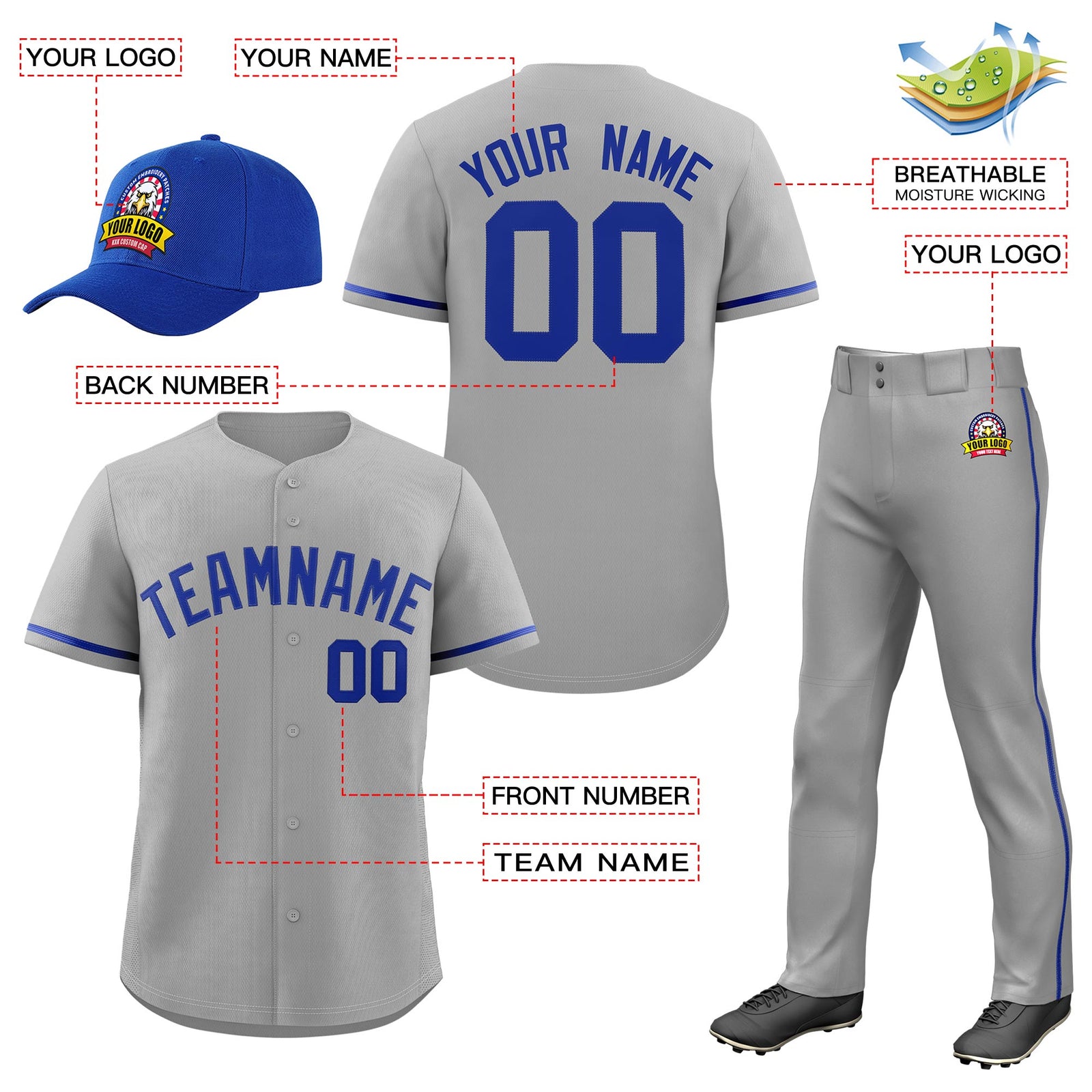 Custom Gray Royal Blue Classic Style Baseball Uniform Jersey/Pants/Hat Package For Team |KXKSHOP