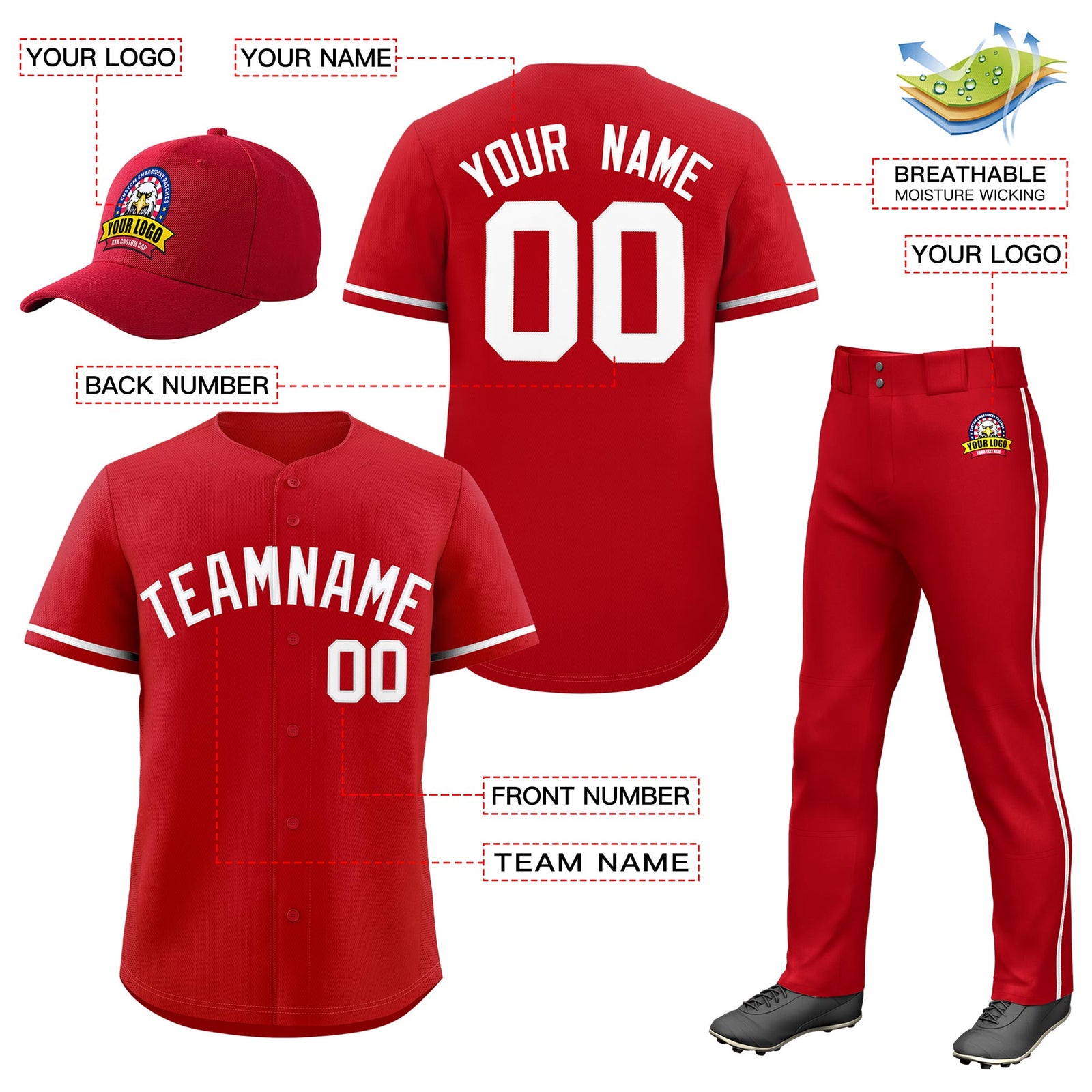 Custom Red White Classic Style Baseball Uniform Jersey/Pants/Hat Package For Team |KXKSHOP