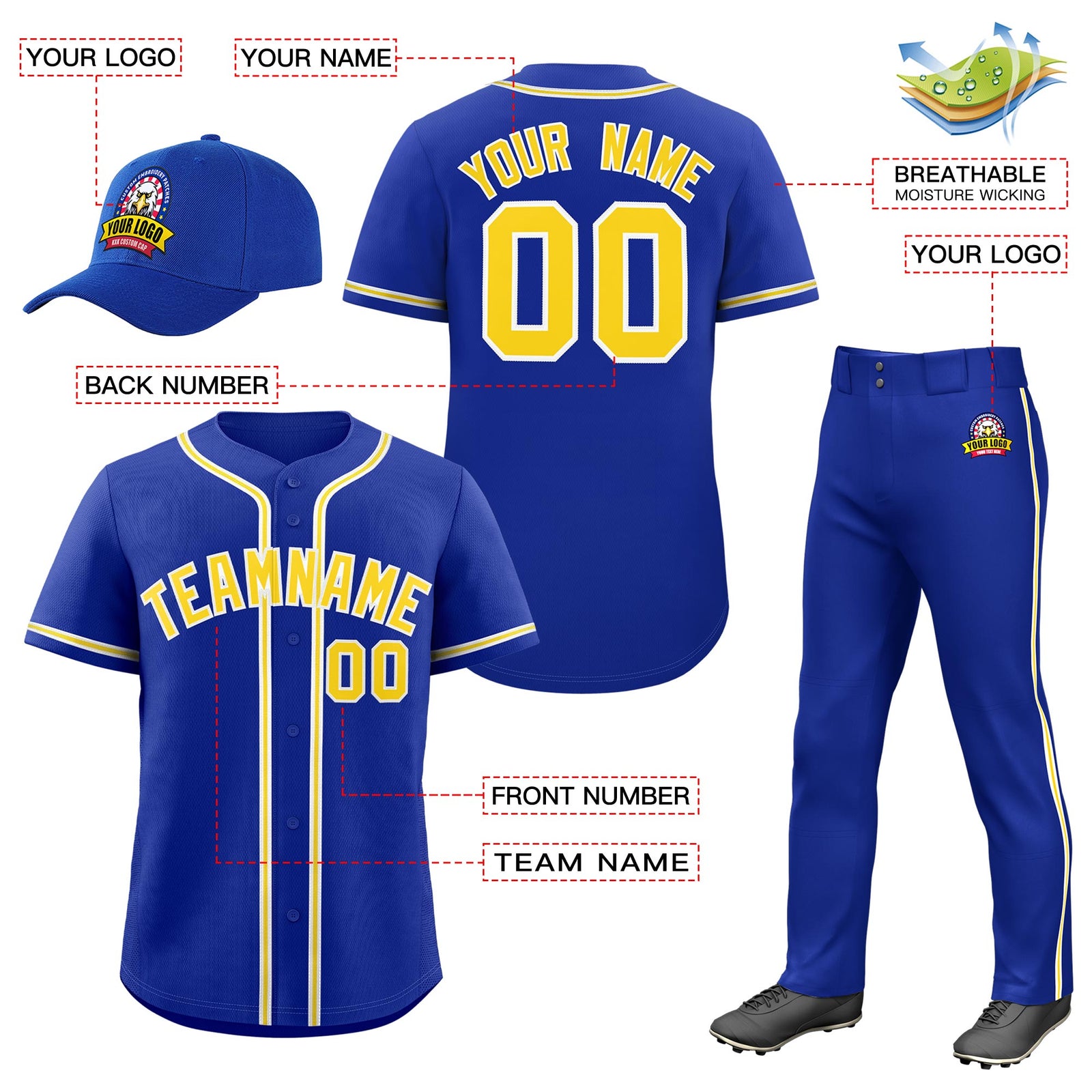 Custom Royal Blue Gold Classic Style Baseball Uniform Jersey/Pants/Hat Package For Team |KXKSHOP