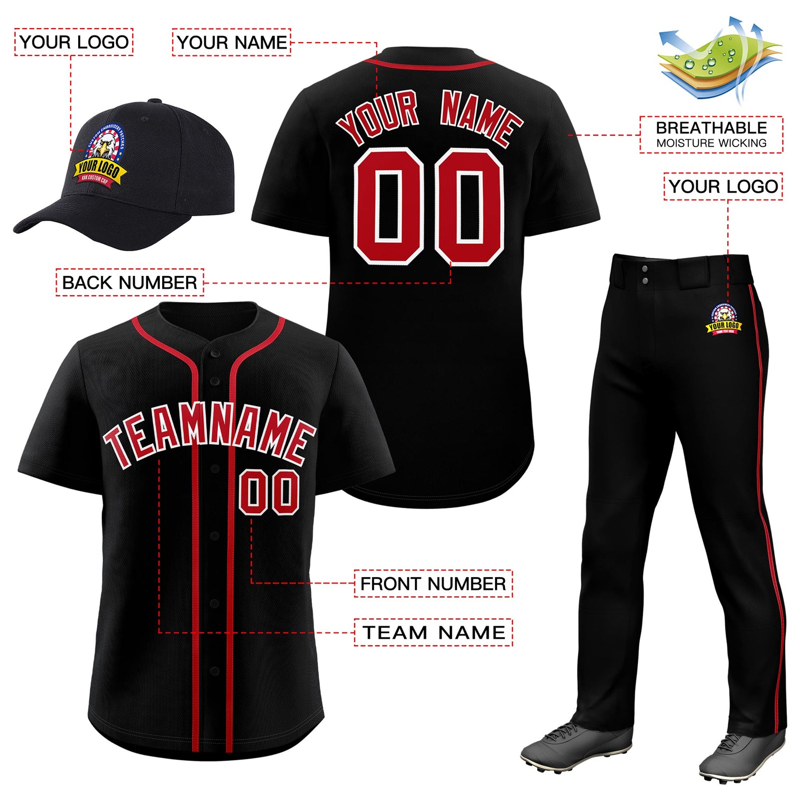 Custom Black Red Classic Style Baseball Uniform Jersey/Pants/Hat Package For Team |KXKSHOP