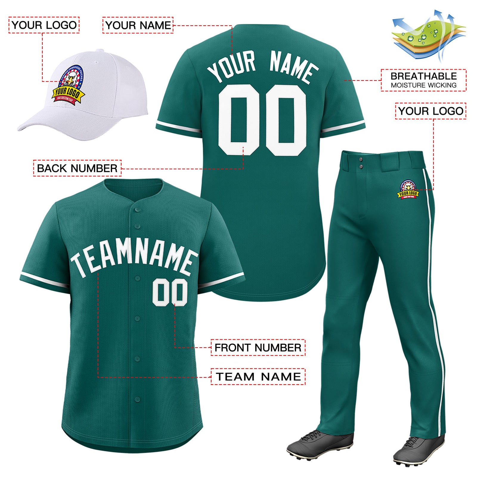 Custom Teal White Classic Style Baseball Uniform Jersey/Pants/Hat Package For Team |KXKSHOP