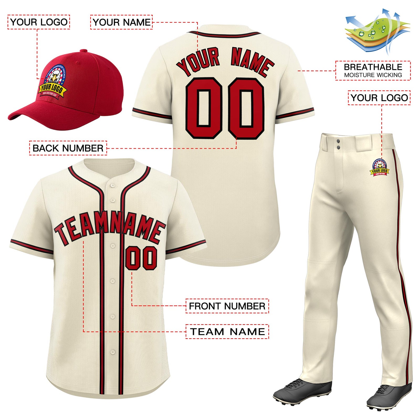 Custom Cream Red Classic Style Baseball Uniform Jersey/Pants/Hat Package For Team |KXKSHOP