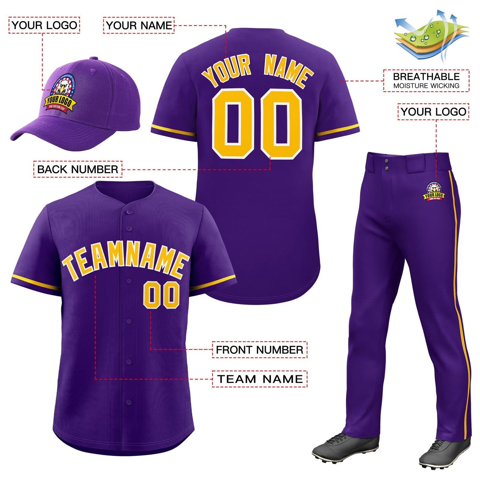 Custom Purple Gold Classic Style Baseball Uniform Jersey/Pants/Hat Package For Team |KXKSHOP