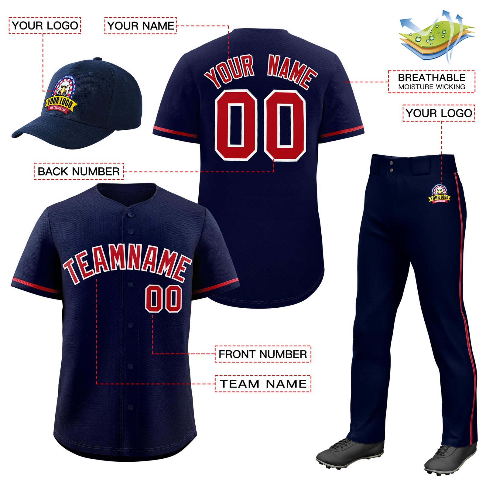 Custom Navy Red Classic Style Baseball Uniform Jersey/Pants/Hat Package For Team |KXKSHOP
