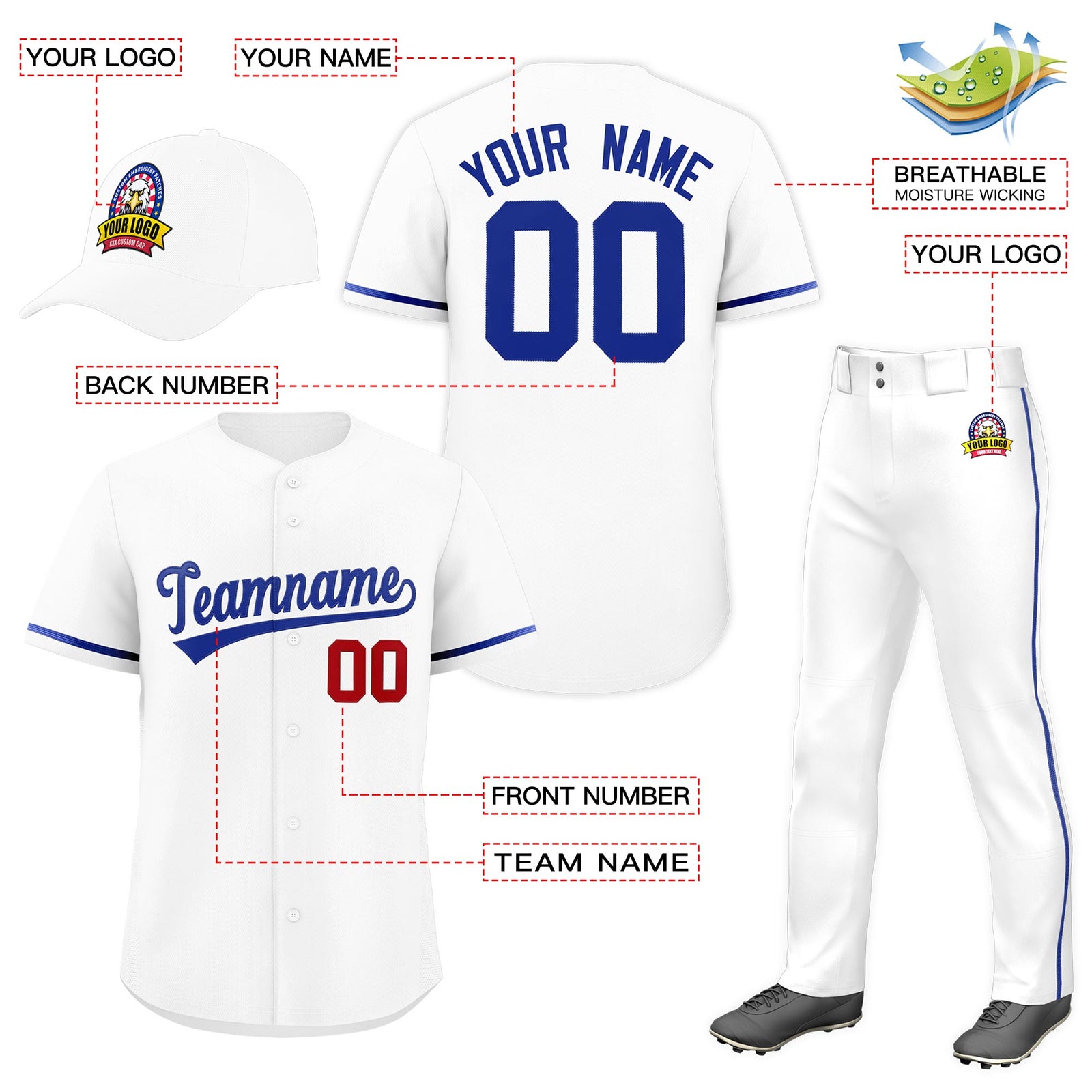 Custom White Royal Blue Classic Style Baseball Uniform Jersey/Pants/Hat Package For Team |KXKSHOP
