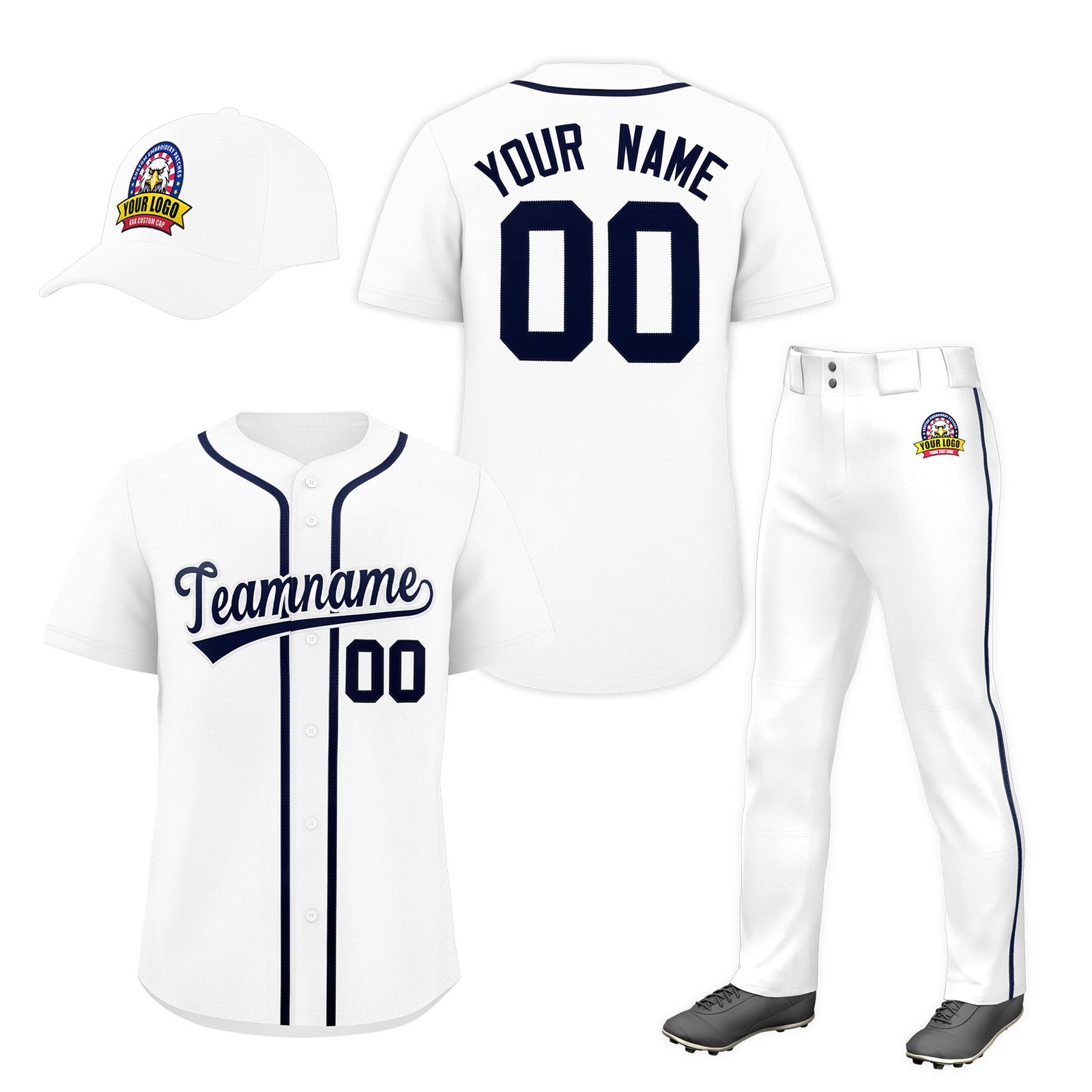Custom White Navy Classic Style Baseball Uniform Jersey/Pants/Hat Package For Team |KXKSHOP