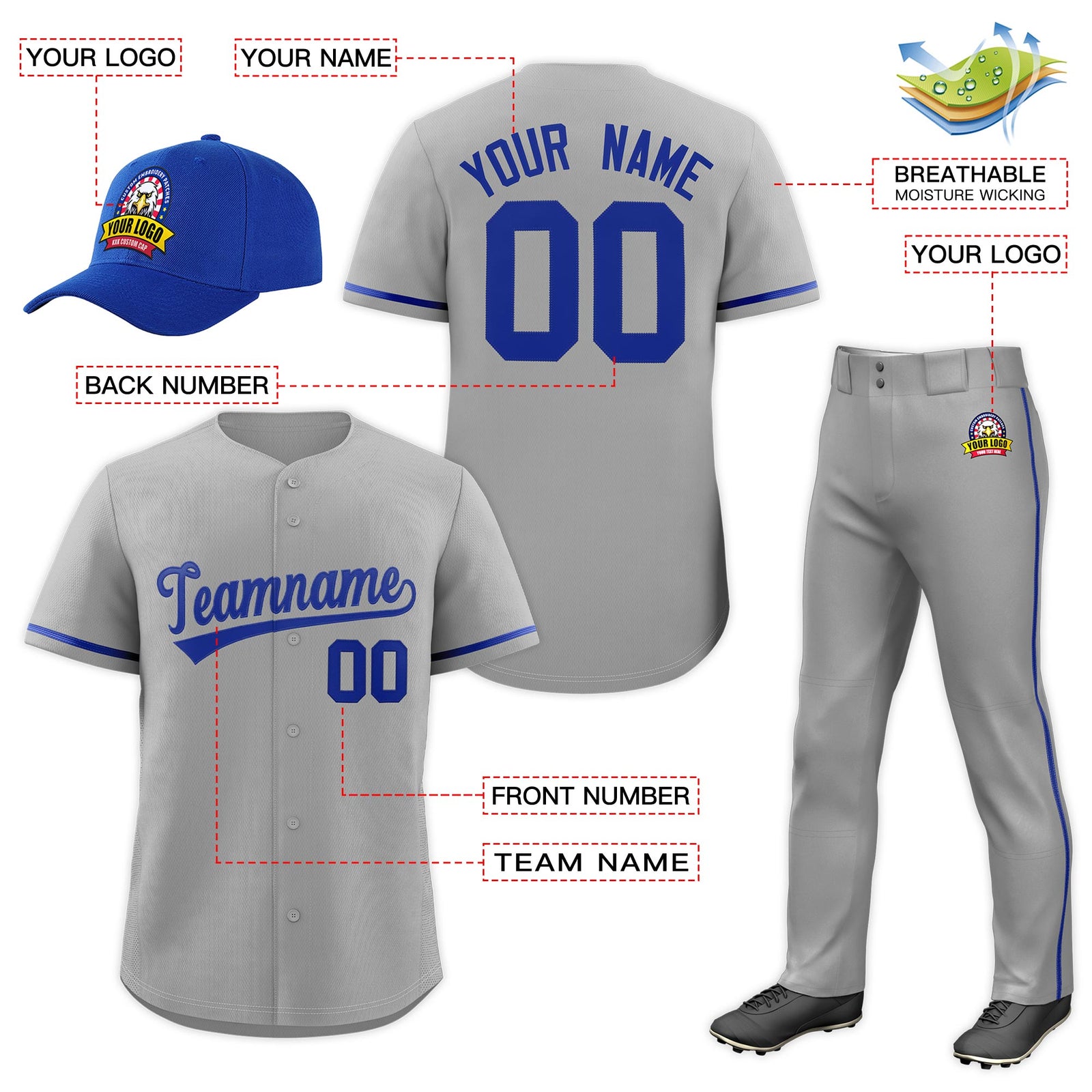 Custom Gray Royal Blue Classic Style Baseball Uniform Jersey/Pants/Hat Package For Team |KXKSHOP