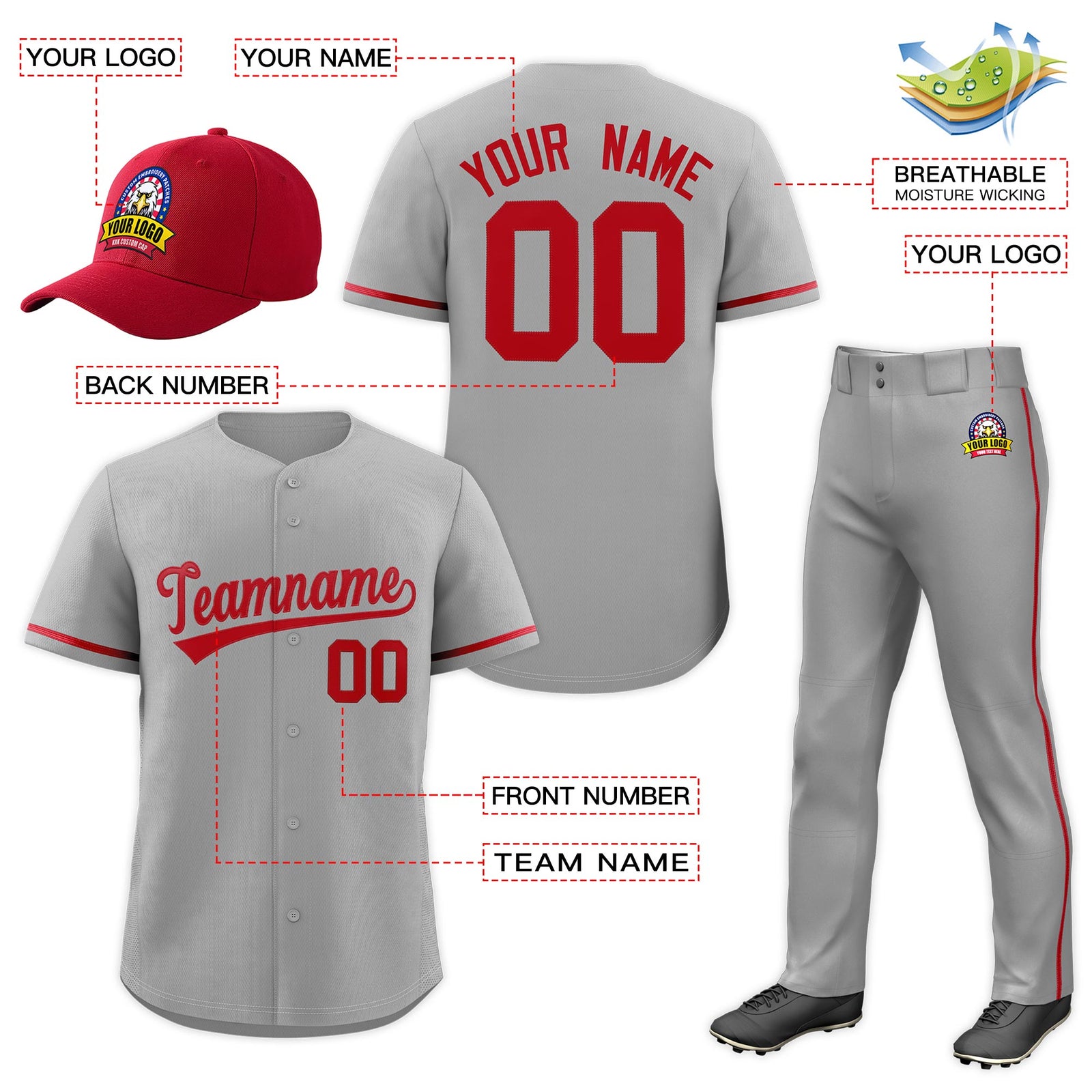 Custom Gray Red Classic Style Baseball Uniform Jersey/Pants/Hat Package For Team |KXKSHOP