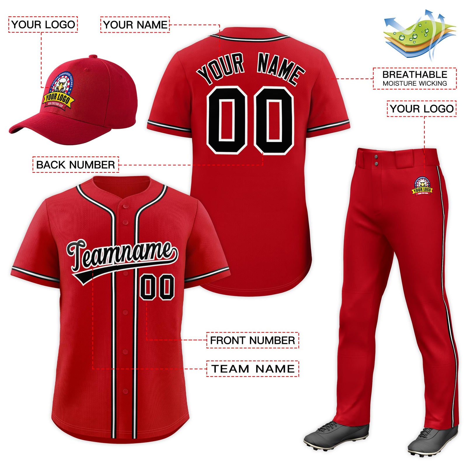 Custom Red Black Classic Style Baseball Uniform Jersey/Pants/Hat Package For Team |KXKSHOP