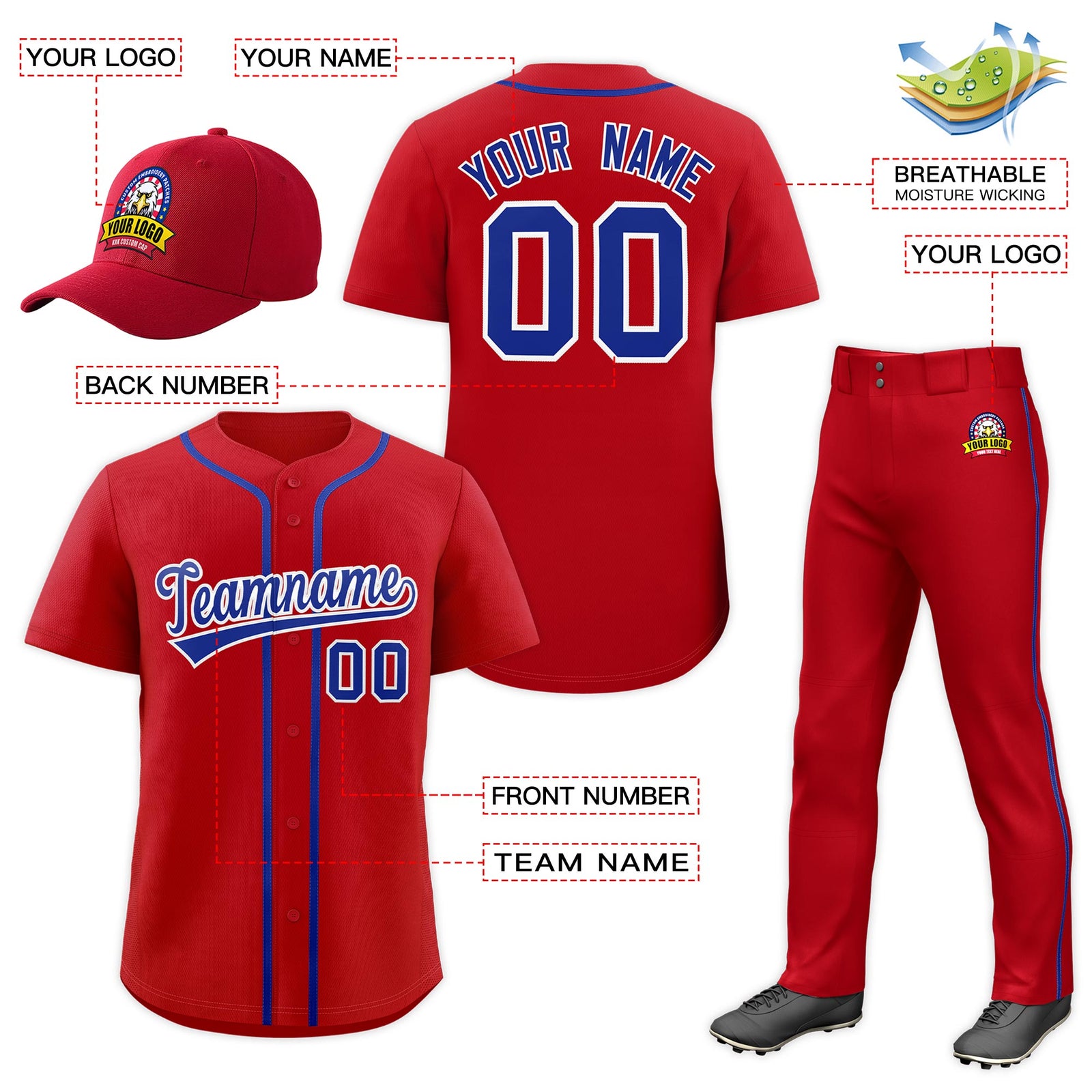 Custom Red Royal Blue Classic Style Baseball Uniform Jersey/Pants/Hat Package For Team |KXKSHOP