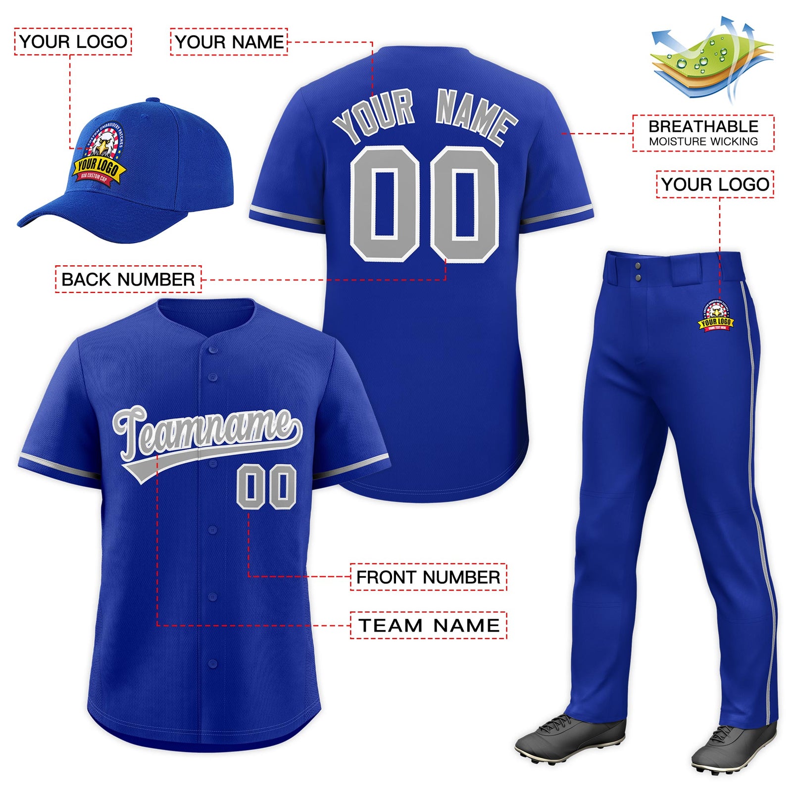 Custom Royal Blue Gray Classic Style Baseball Uniform Jersey/Pants/Hat Package For Team |KXKSHOP