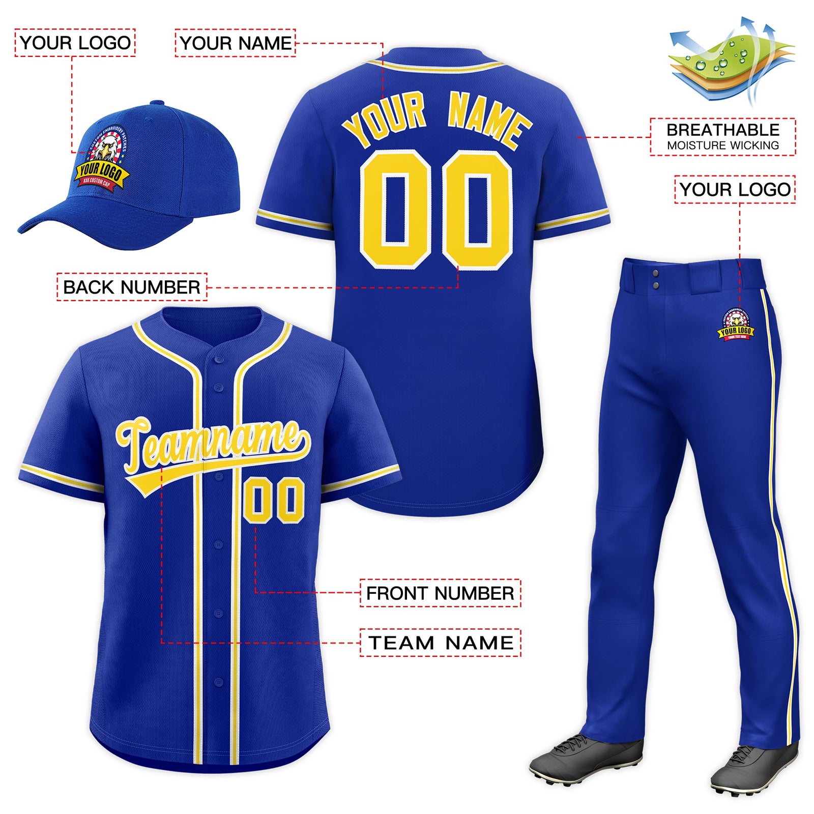 Custom Royal Blue Gold Classic Style Baseball Uniform Jersey/Pants/Hat Package For Team |KXKSHOP