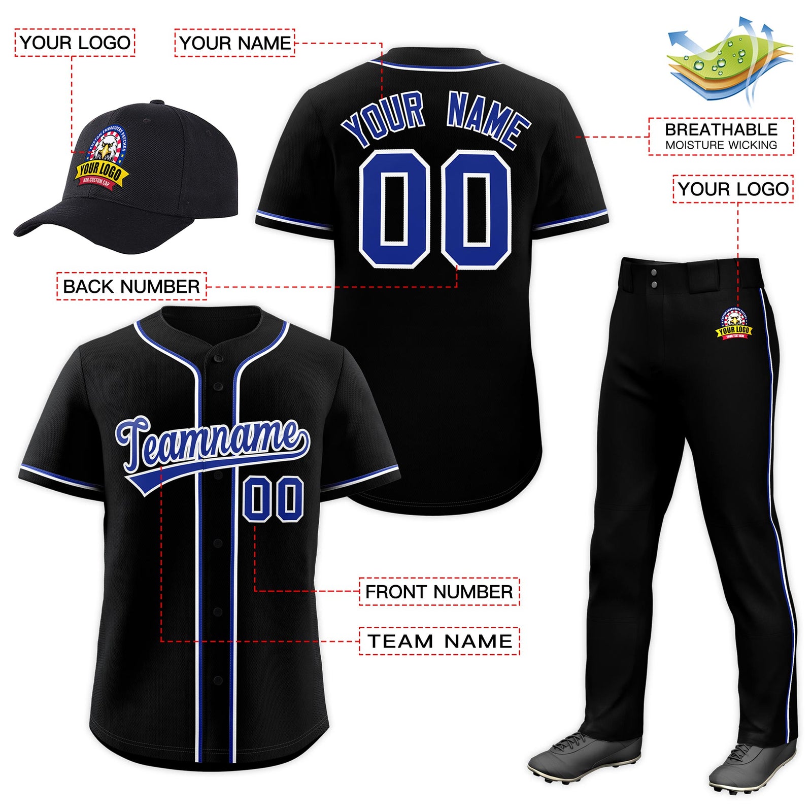 Custom Black Royal Blue Classic Style Baseball Uniform Jersey/Pants/Hat Package For Team |KXKSHOP