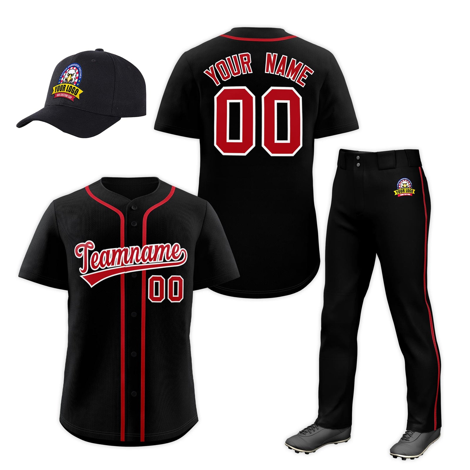Custom Black Red Classic Style Baseball Uniform Jersey/Pants/Hat Package For Team |KXKSHOP