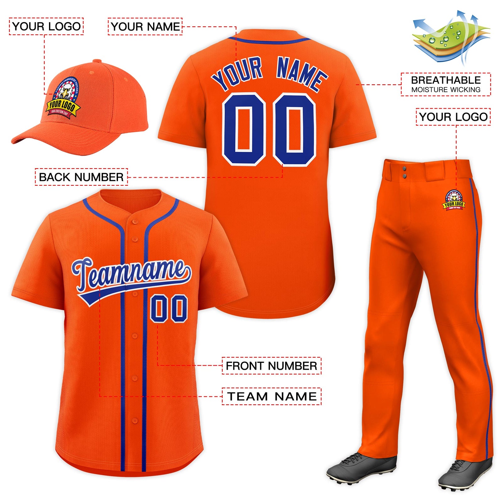 Custom Orange Royal Blue Classic Style Baseball Uniform Jersey/Pants/Hat Package For Team |KXKSHOP