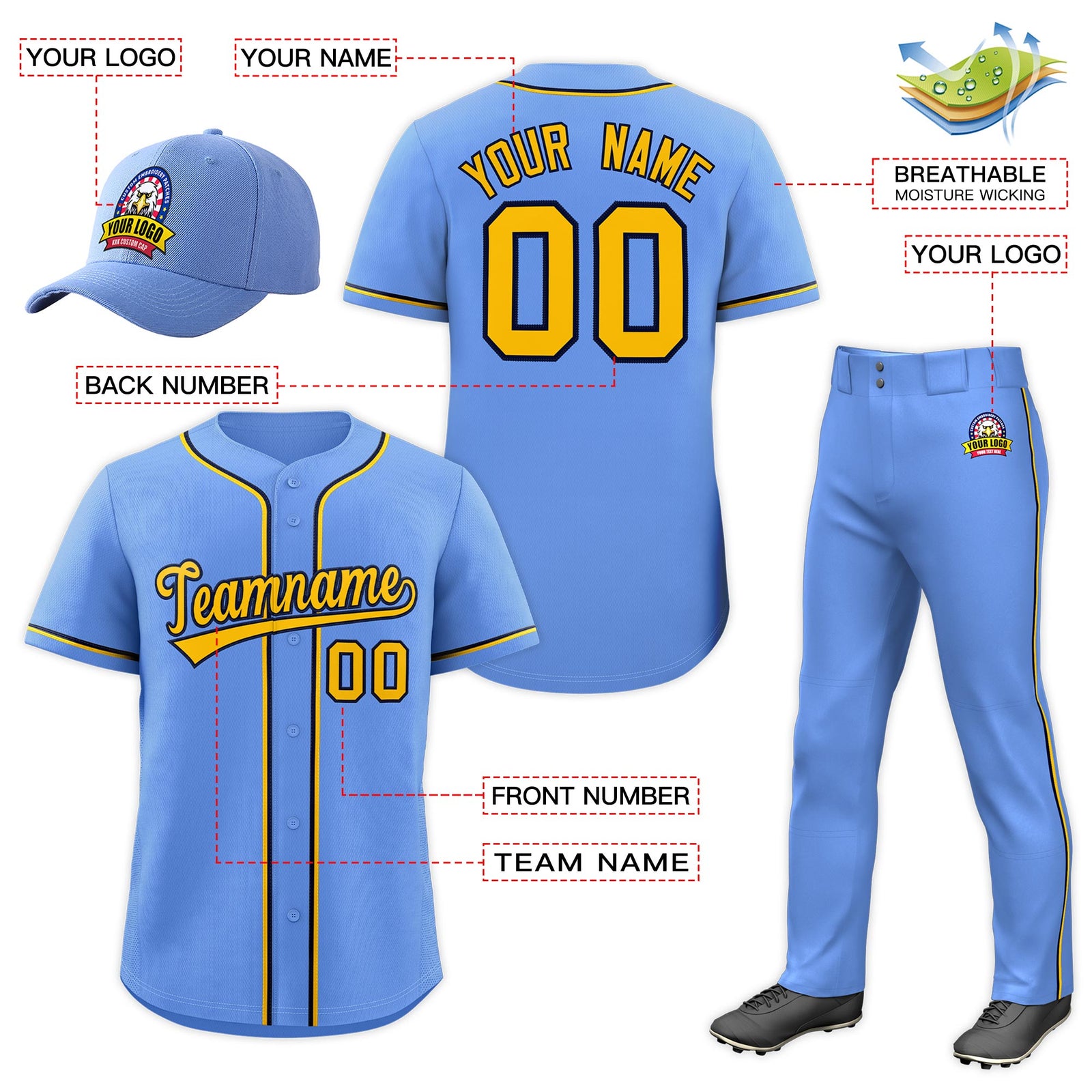 Custom Light Blue Gold Classic Style Baseball Uniform Jersey/Pants/Hat Package For Team |KXKSHOP