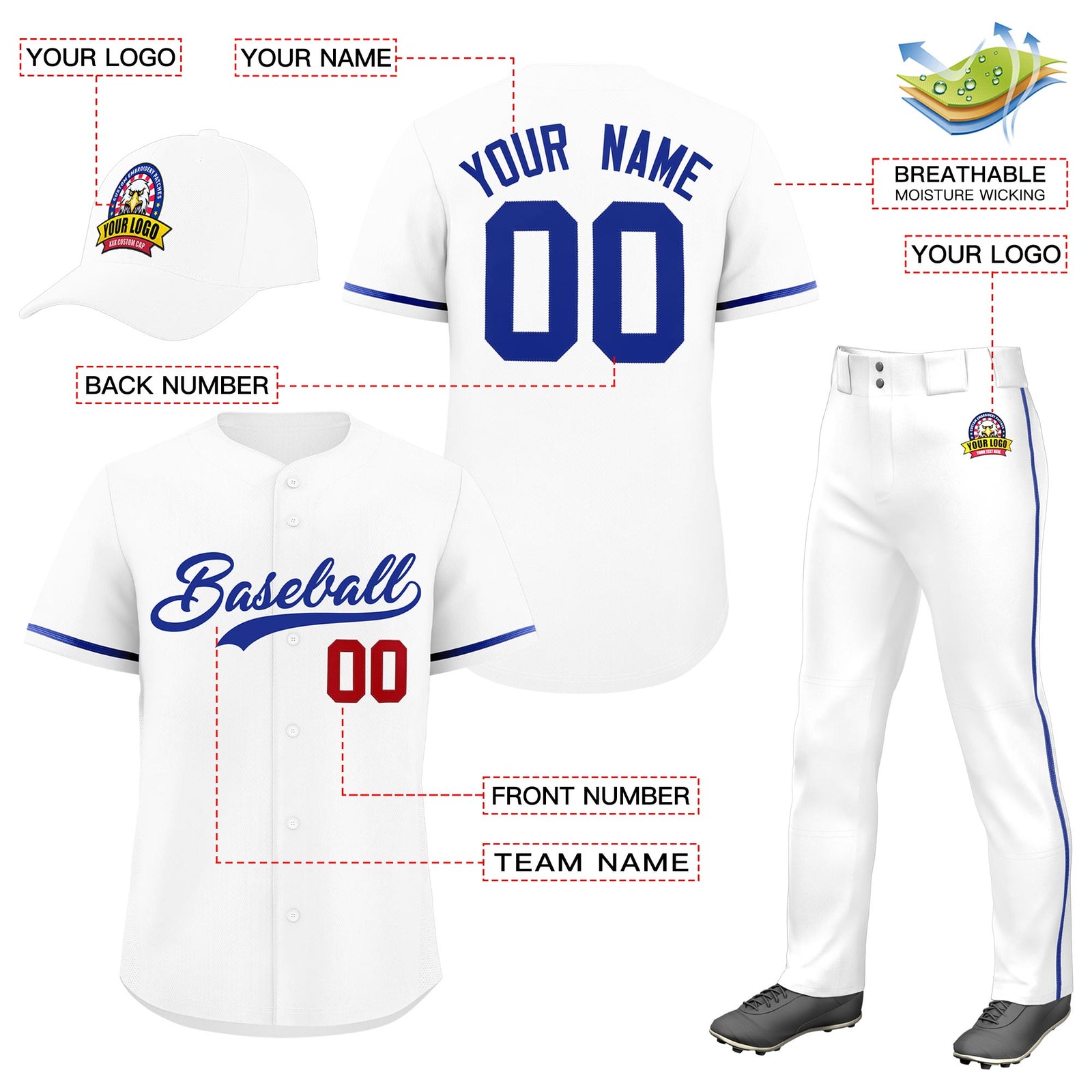 Custom White Royal Blue Classic Style Baseball Uniform Jersey/Pants/Hat Package For Team |KXKSHOP