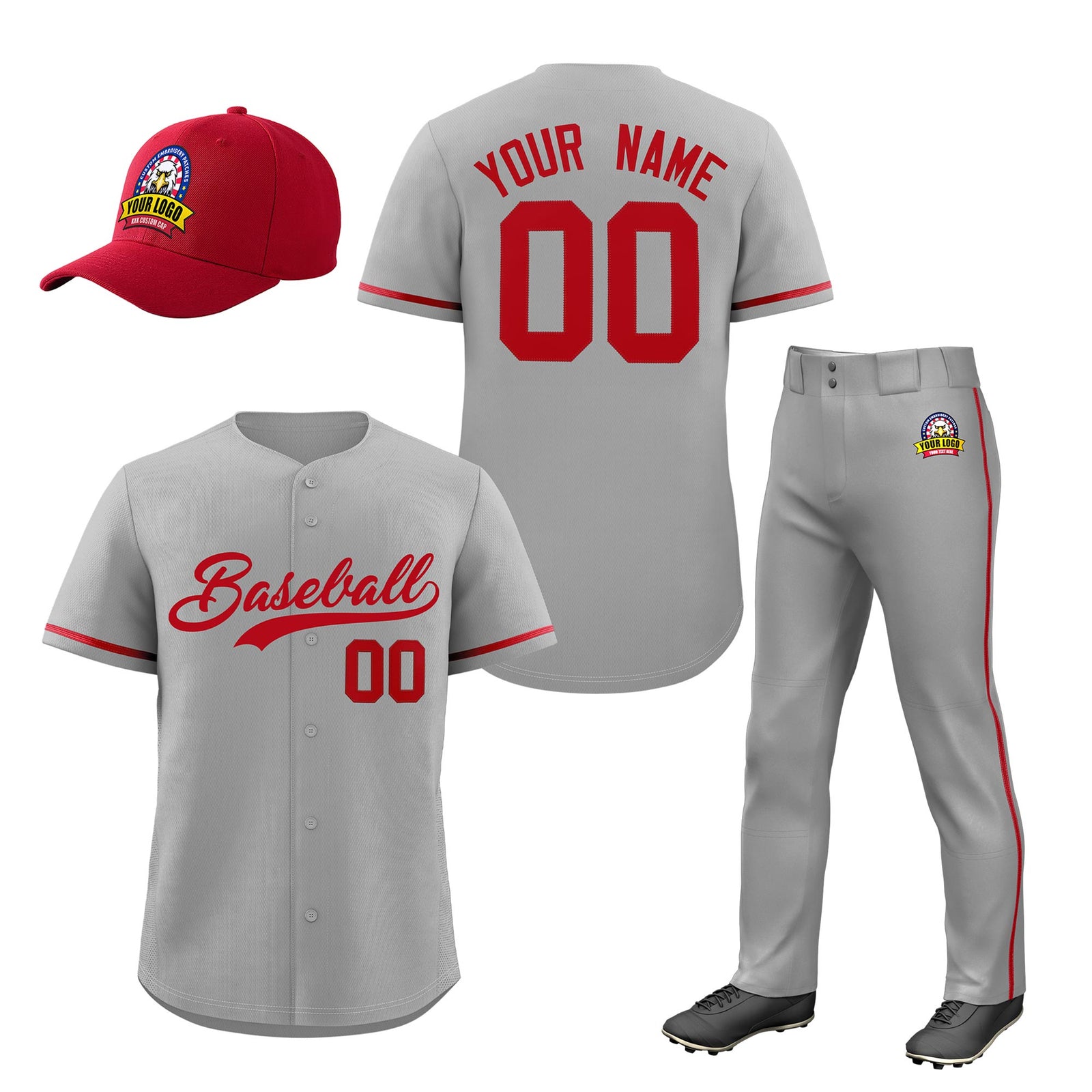 Custom Gray Red Classic Style Baseball Uniform Jersey/Pants/Hat Package For Team |KXKSHOP