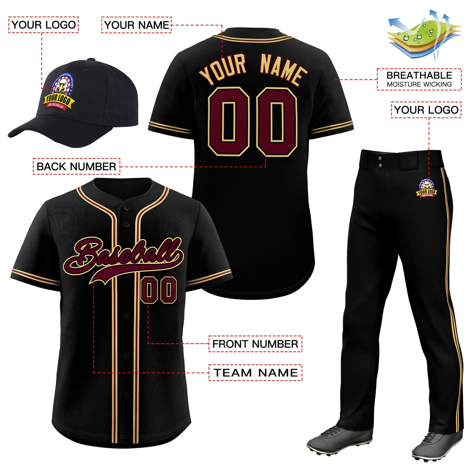 Custom Black Crimson Classic Style Baseball Uniform Jersey/Pants/Hat Package For Team |KXKSHOP