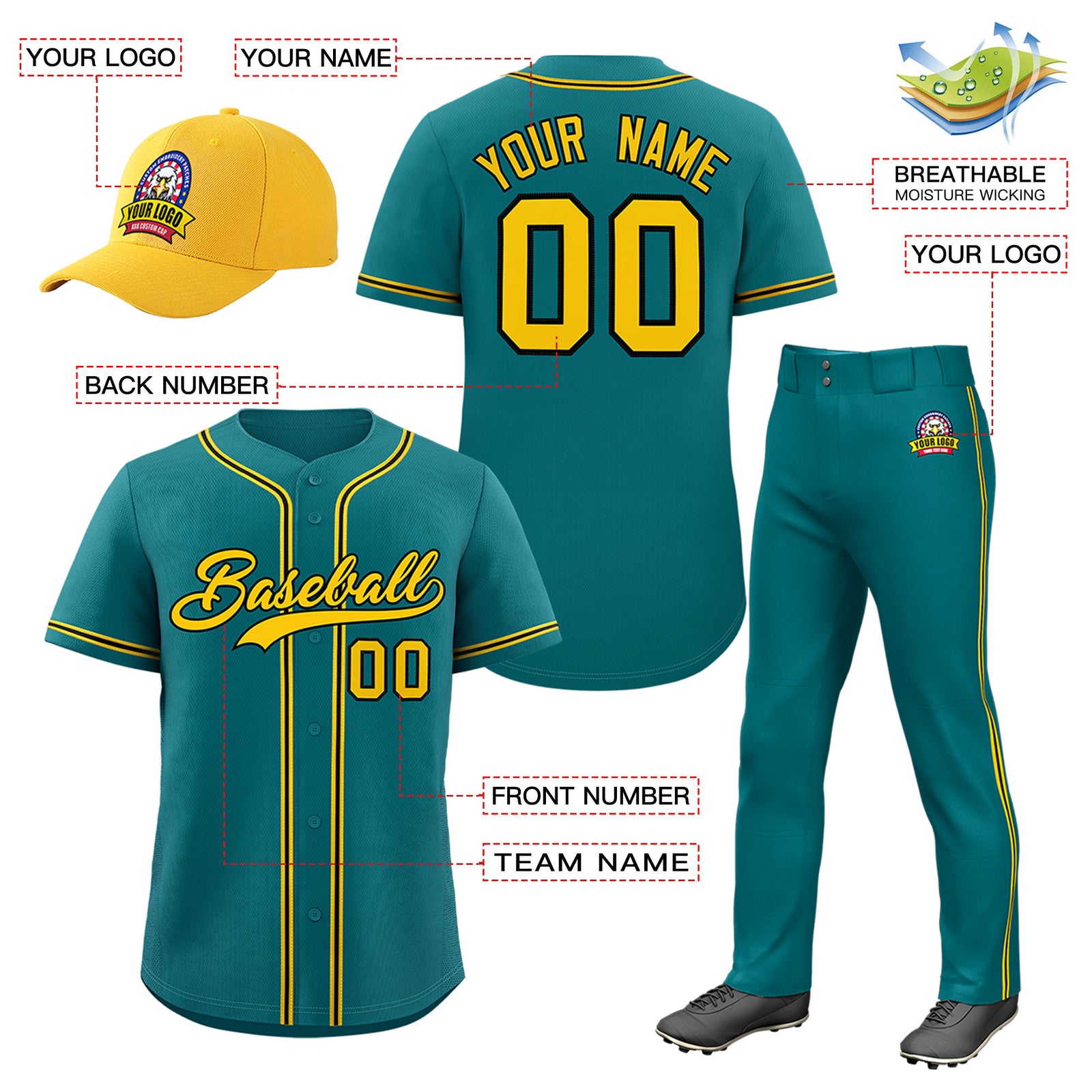 Custom Teal Gold Classic Style Baseball Uniform Jersey/Pants/Hat Package For Team |KXKSHOP