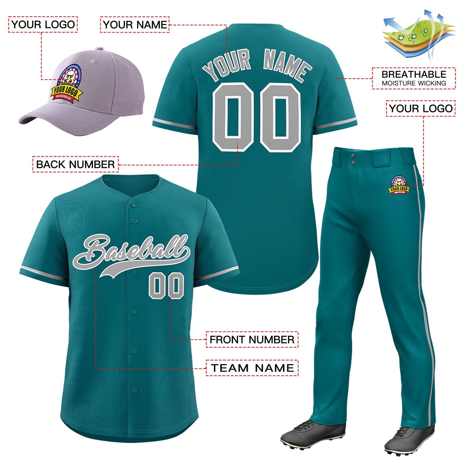 Custom Teal Gray Classic Style Baseball Uniform Jersey/Pants/Hat Package For Team |KXKSHOP