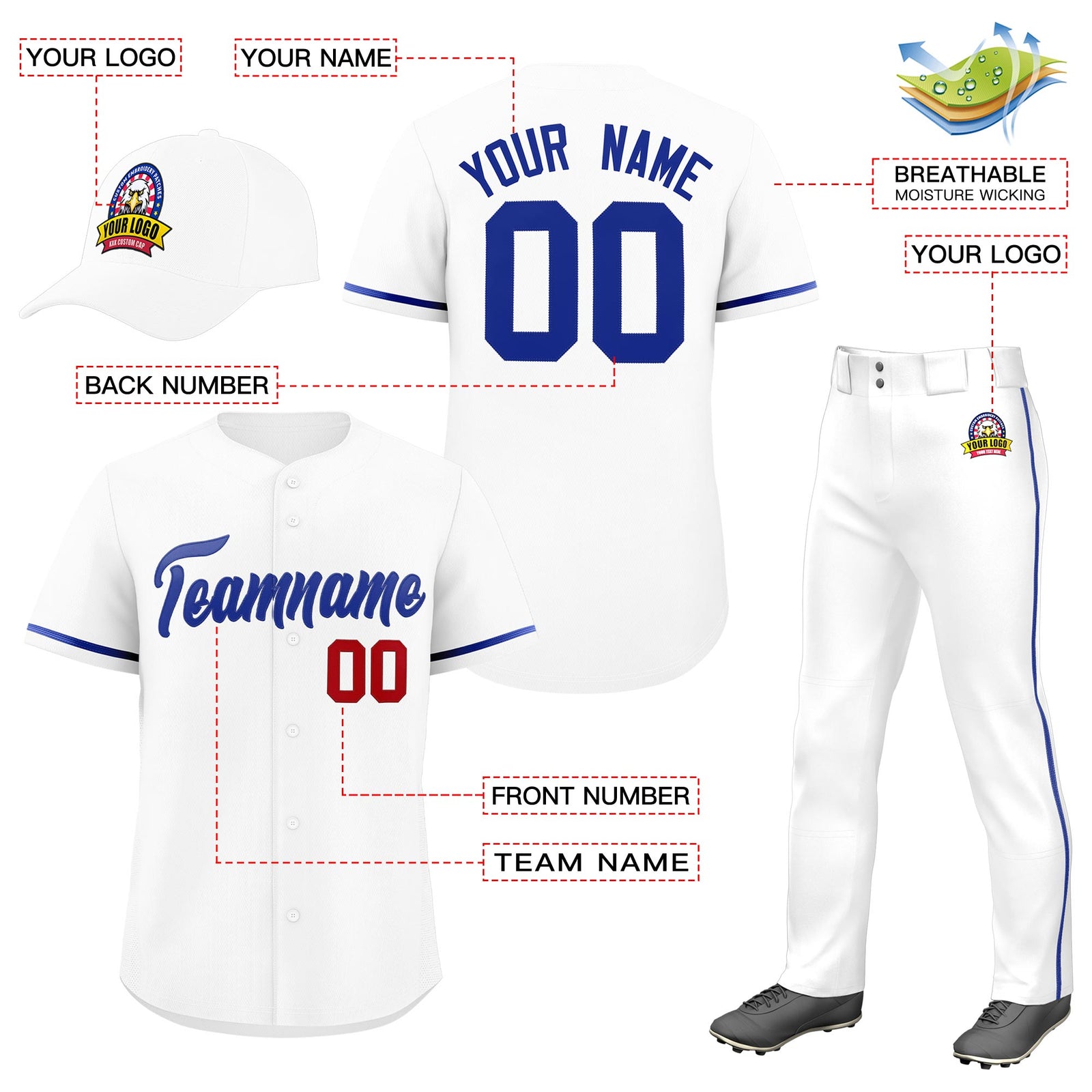 Custom White Royal Blue Classic Style Baseball Uniform Jersey/Pants/Hat Package For Team |KXKSHOP