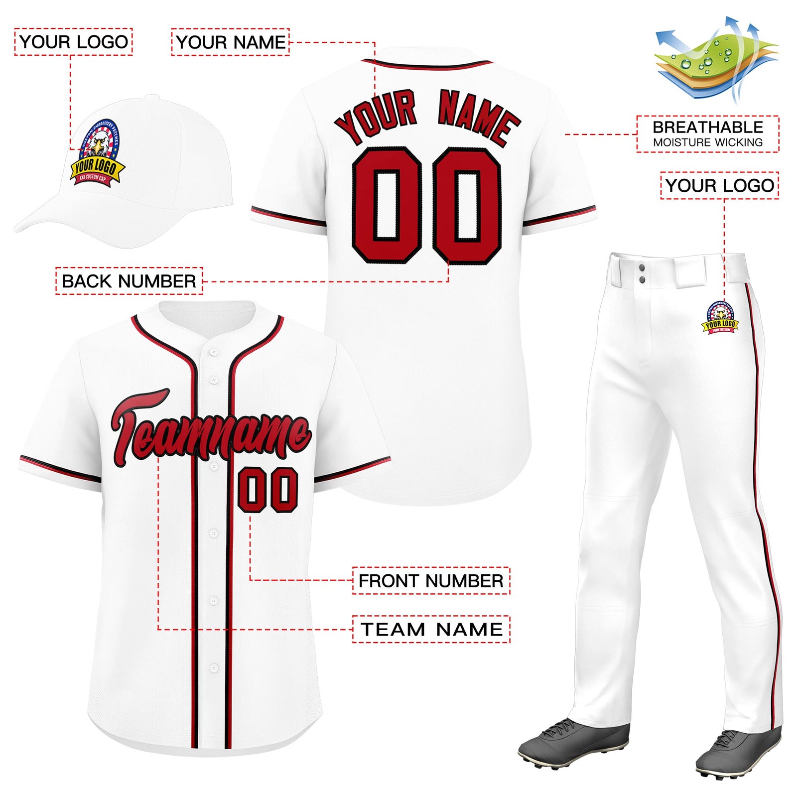 Custom White Red Classic Style Baseball Uniform Jersey/Pants/Hat Package For Team |KXKSHOP