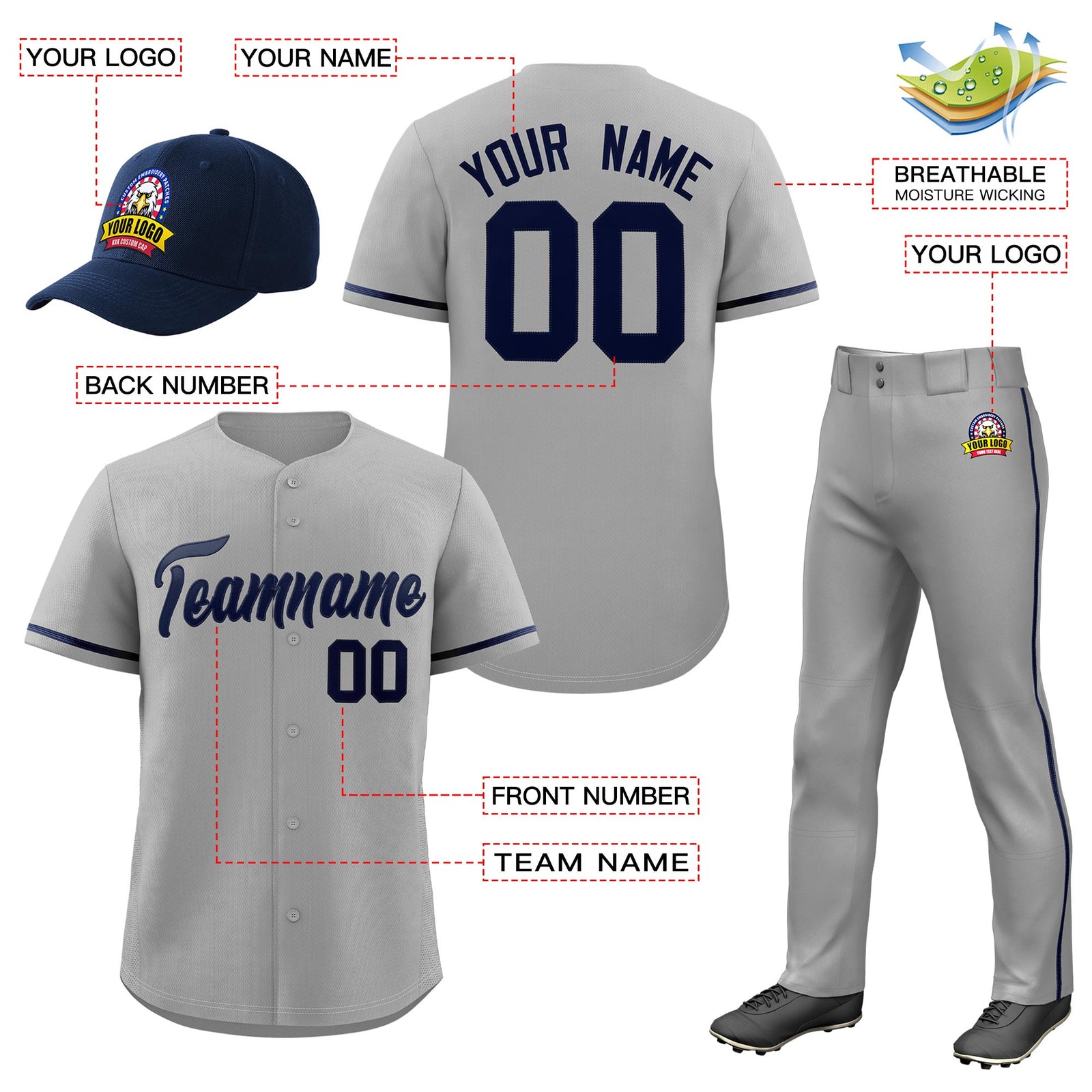 Custom Gray Navy Classic Style Baseball Uniform Jersey/Pants/Hat Package For Team |KXKSHOP