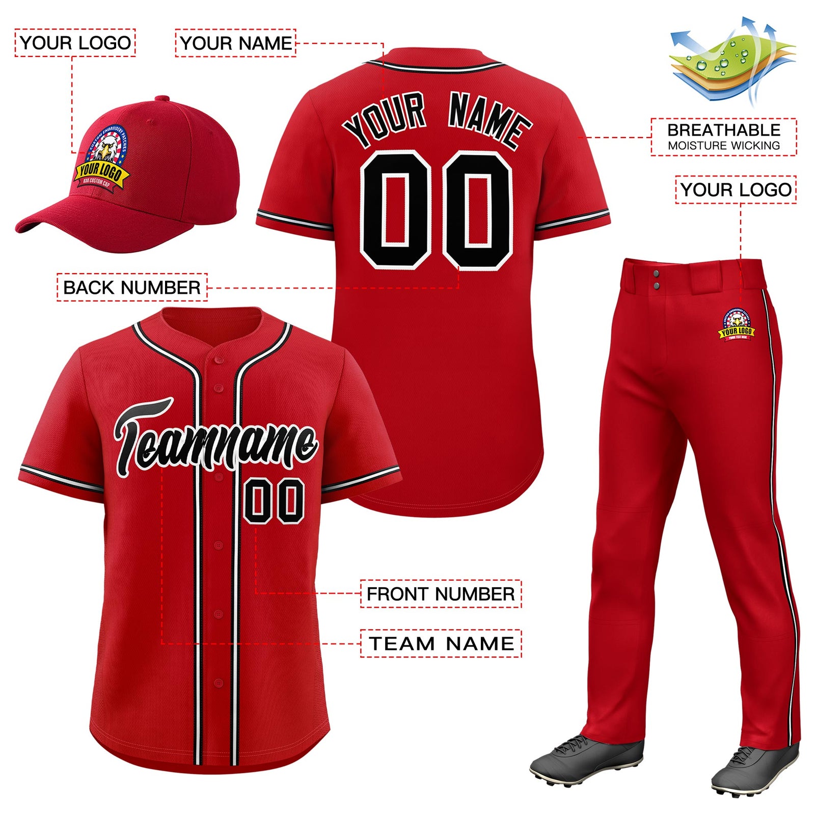 Custom Red Black Classic Style Baseball Uniform Jersey/Pants/Hat Package For Team |KXKSHOP