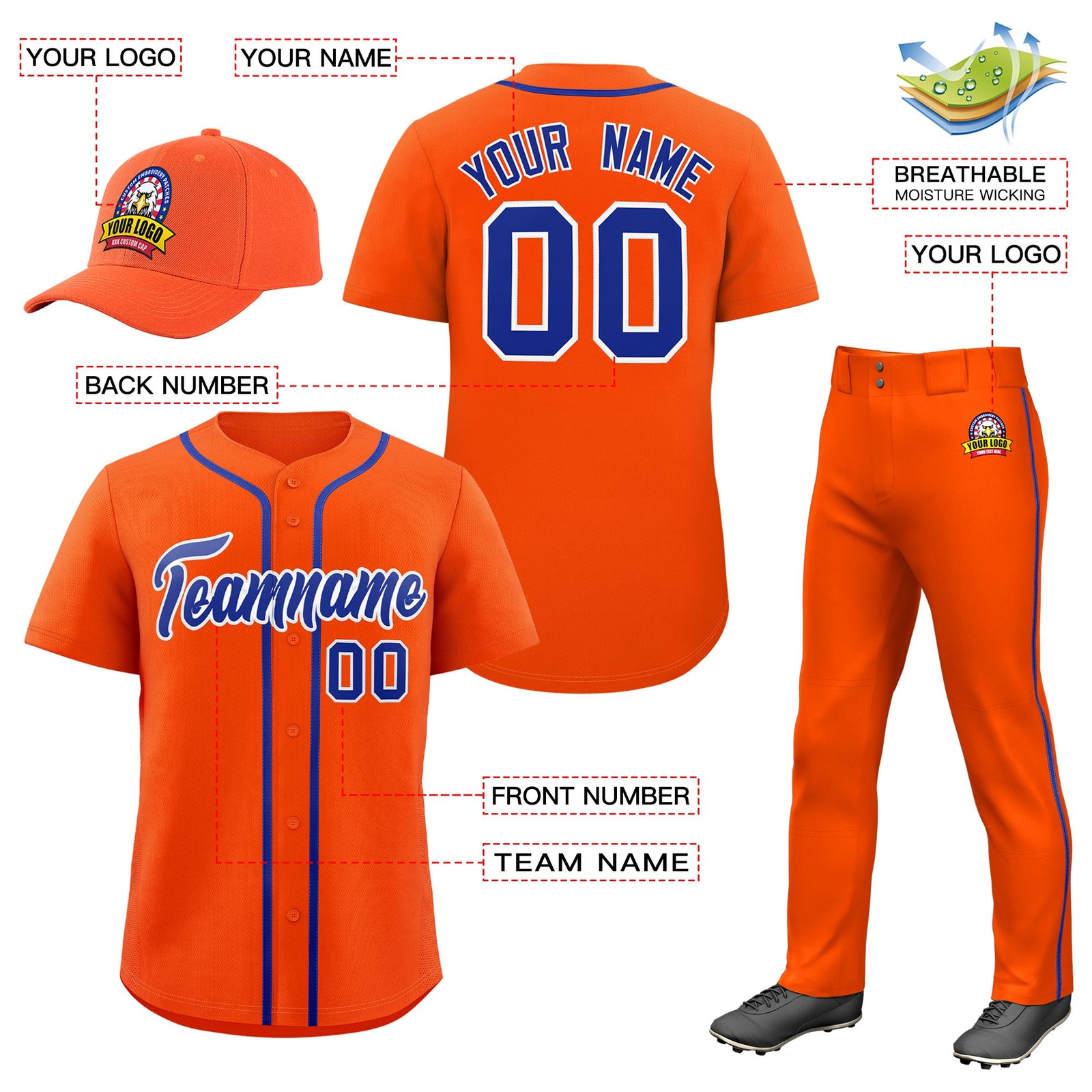 Custom Orange Royal Blue Classic Style Baseball Uniform Jersey/Pants/Hat Package For Team |KXKSHOP