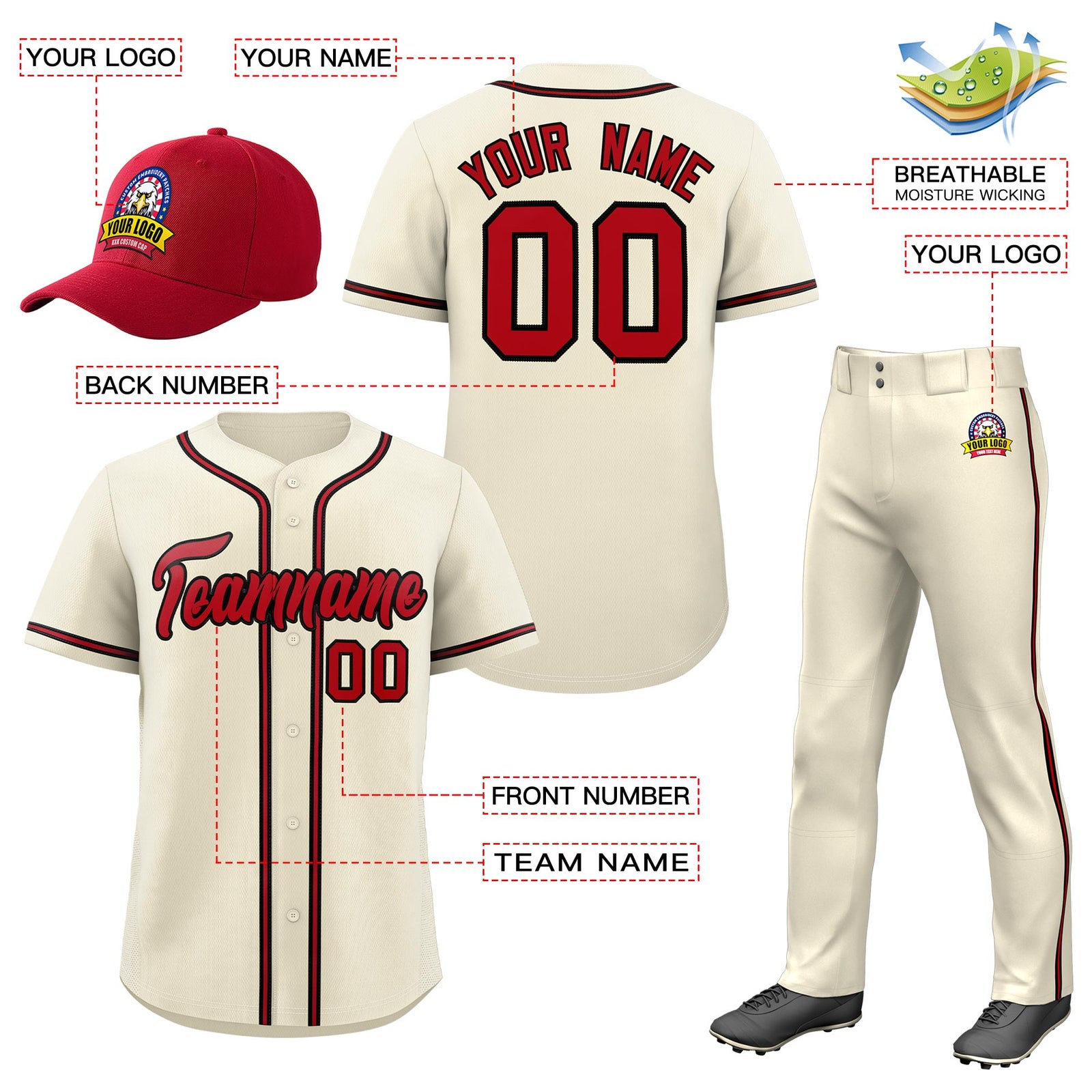 Custom Cream Red Classic Style Baseball Uniform Jersey/Pants/Hat Package For Team |KXKSHOP