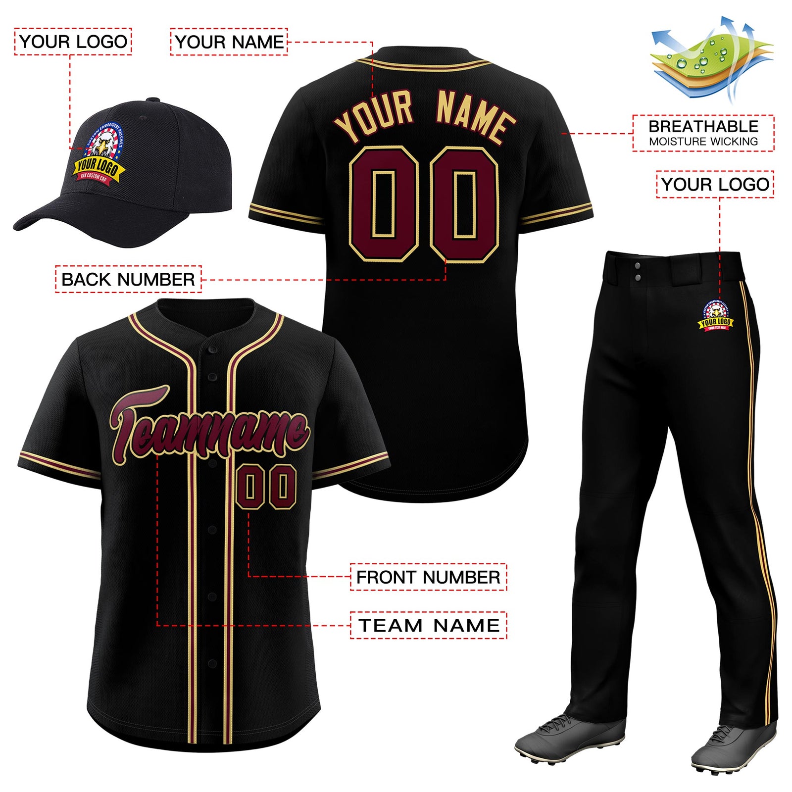 Custom Black Crimson Classic Style Baseball Uniform Jersey/Pants/Hat Package For Team |KXKSHOP