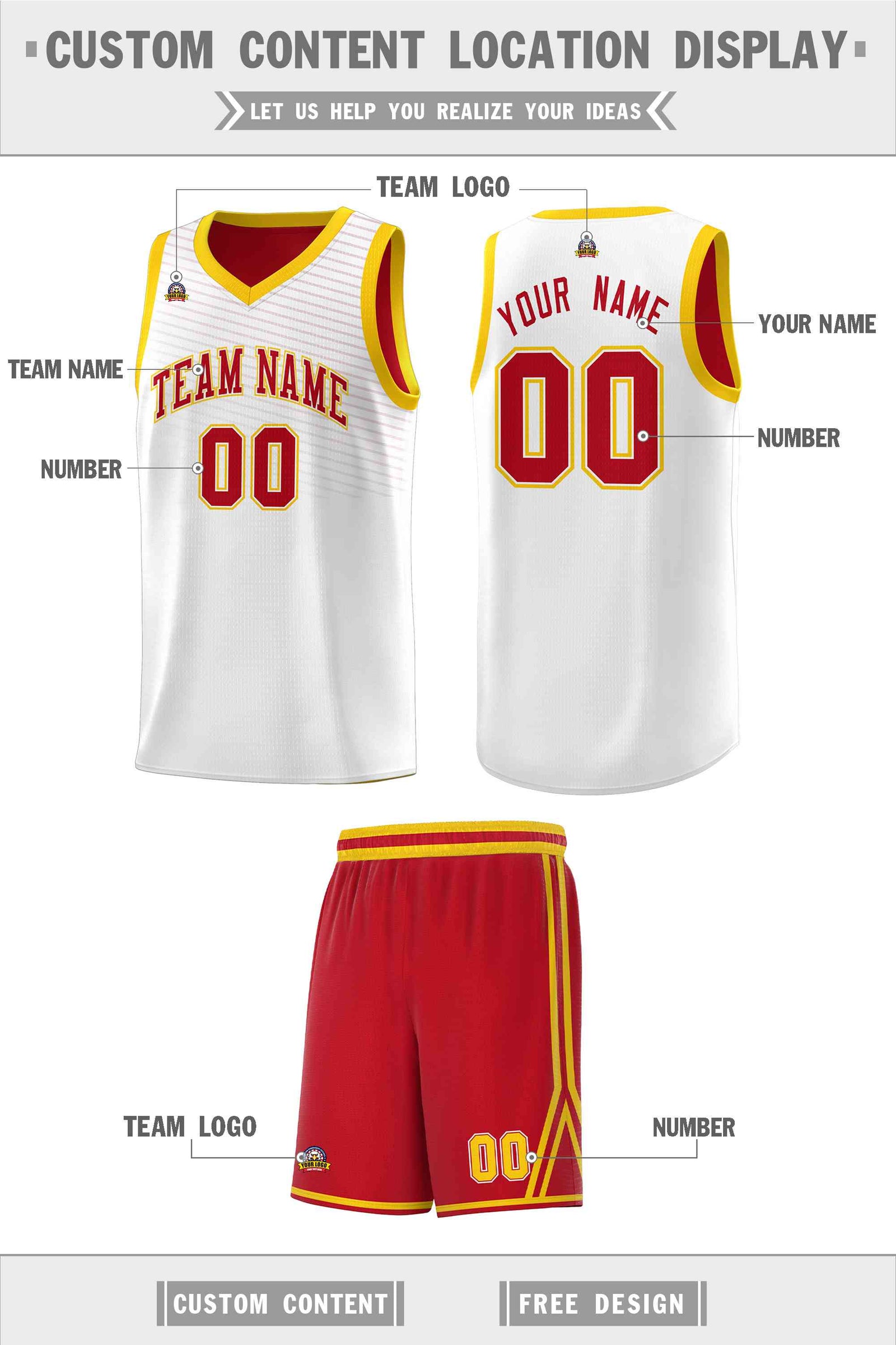 Custom White Red Chest Slash Patttern Sports Uniform Basketball Jersey