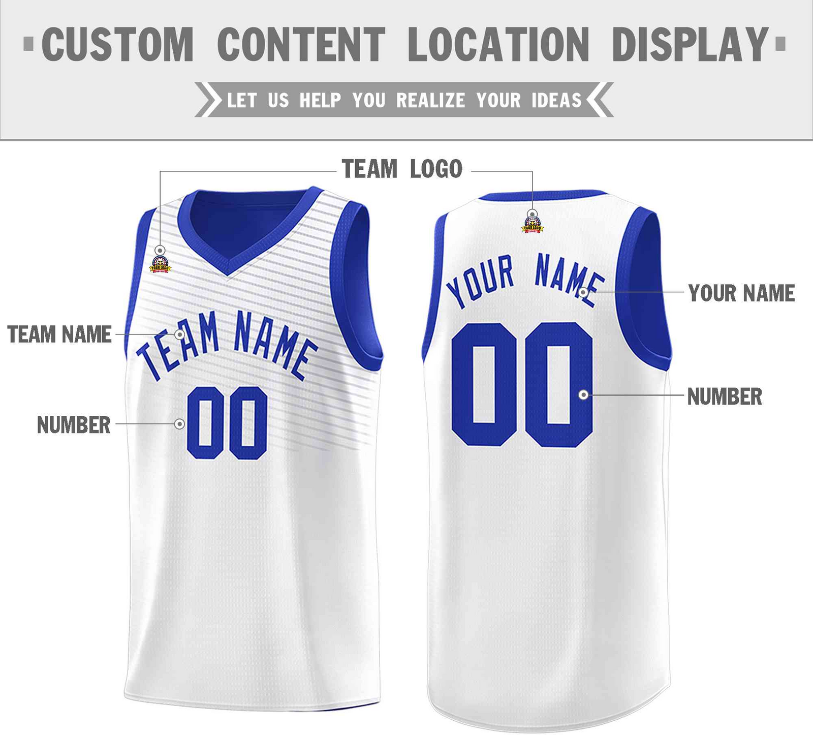 Custom Royal White Chest Slash Patttern Double Side Top Sports Uniform Basketball Jersey