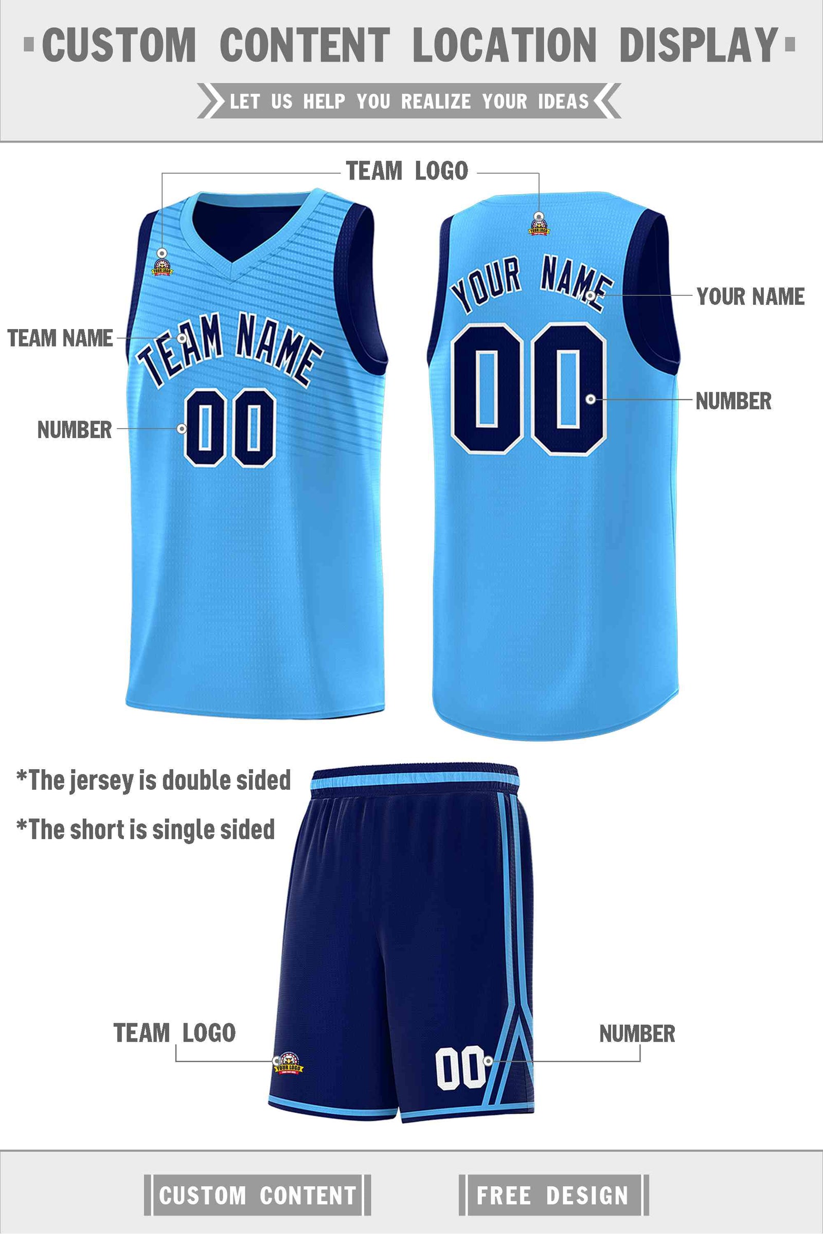 Custom Blue Light Blue Chest Slash Patttern Double Side Sports Uniform Basketball Jersey