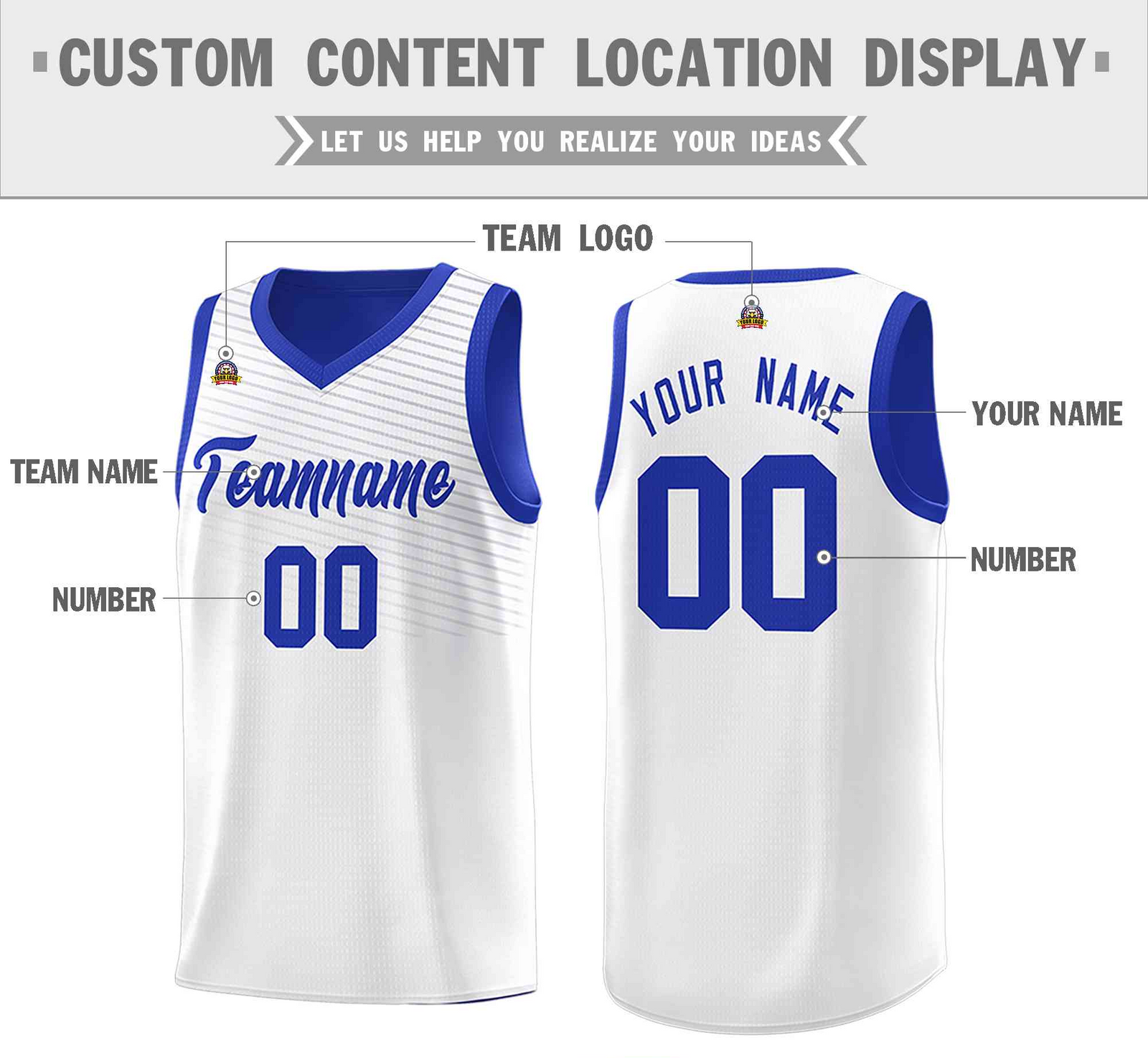 Custom Royal White Chest Slash Patttern Double Side Top Sports Uniform Basketball Jersey