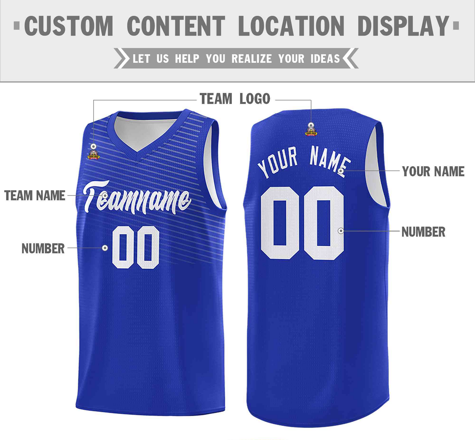 Custom Royal White Chest Slash Patttern Double Side Top Sports Uniform Basketball Jersey