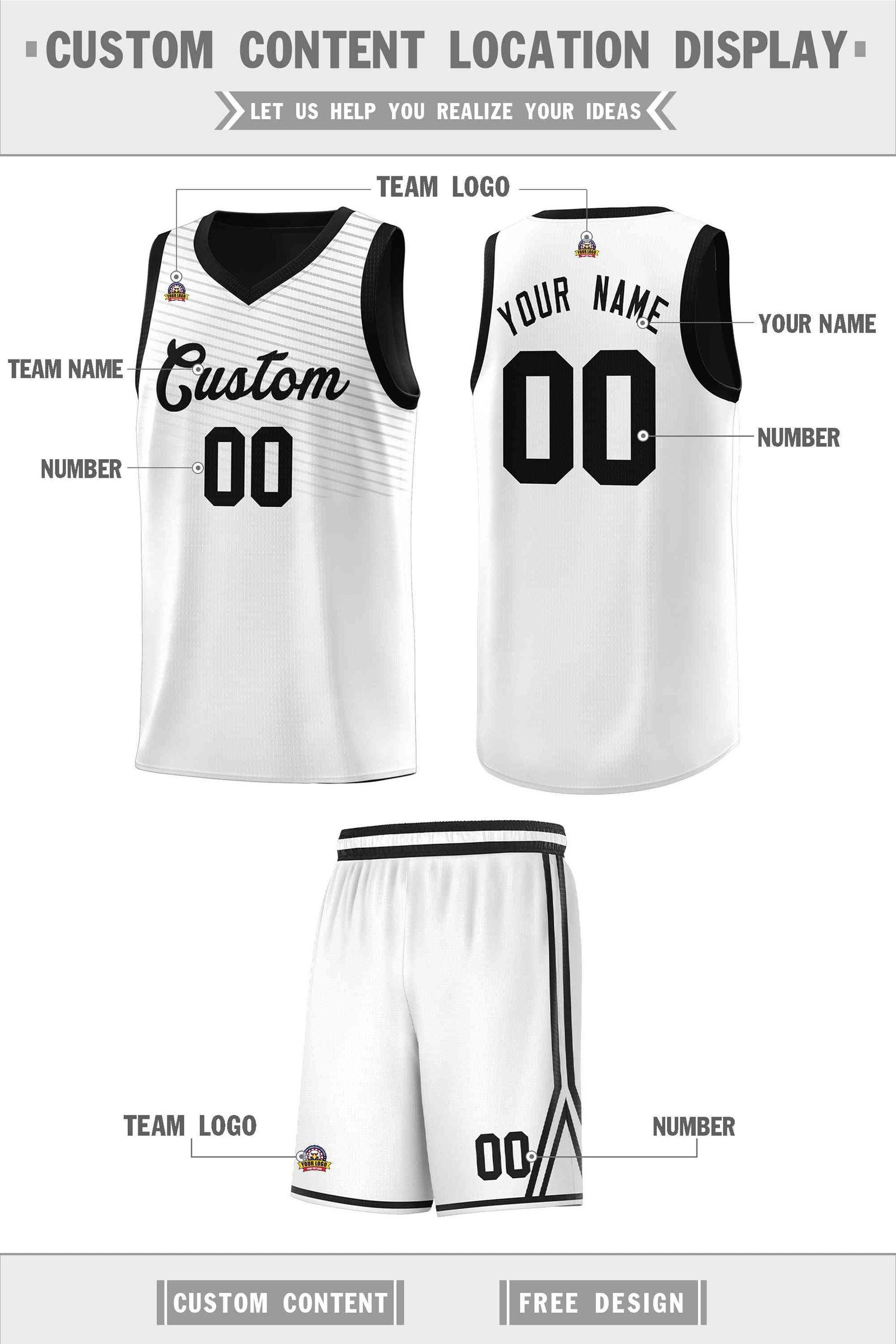 Custom White Black Chest Slash Patttern Sports Uniform Basketball Jersey