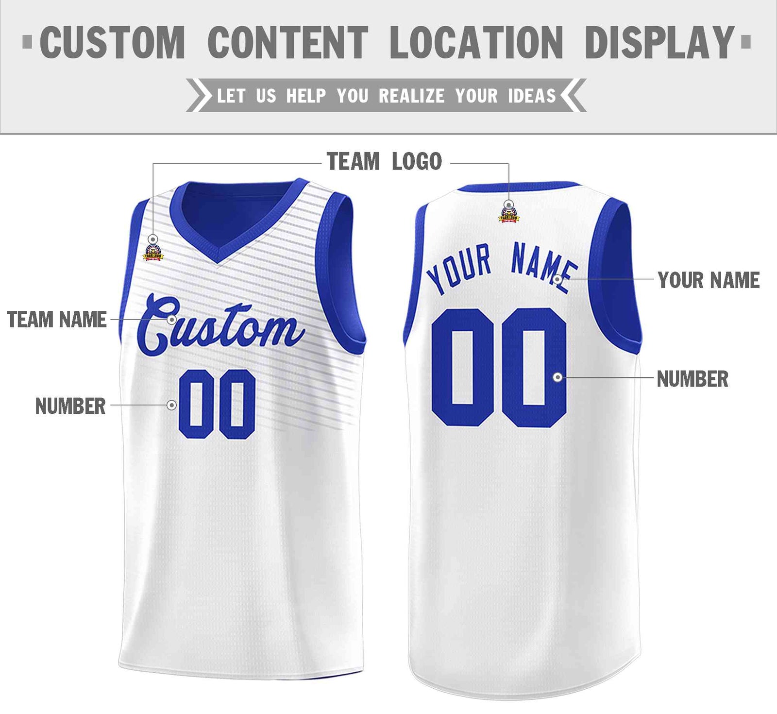 Custom Royal White Chest Slash Patttern Double Side Sports Uniform Basketball Jersey