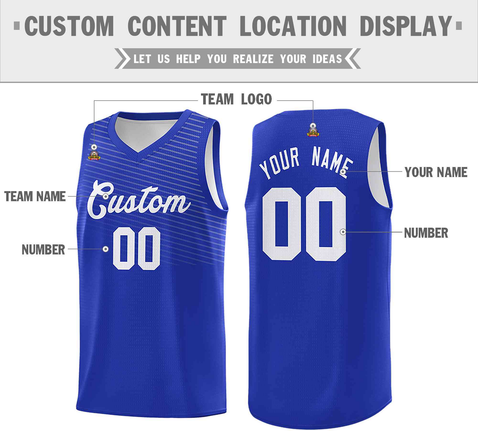 Custom Royal White Chest Slash Patttern Double Side Top Sports Uniform Basketball Jersey