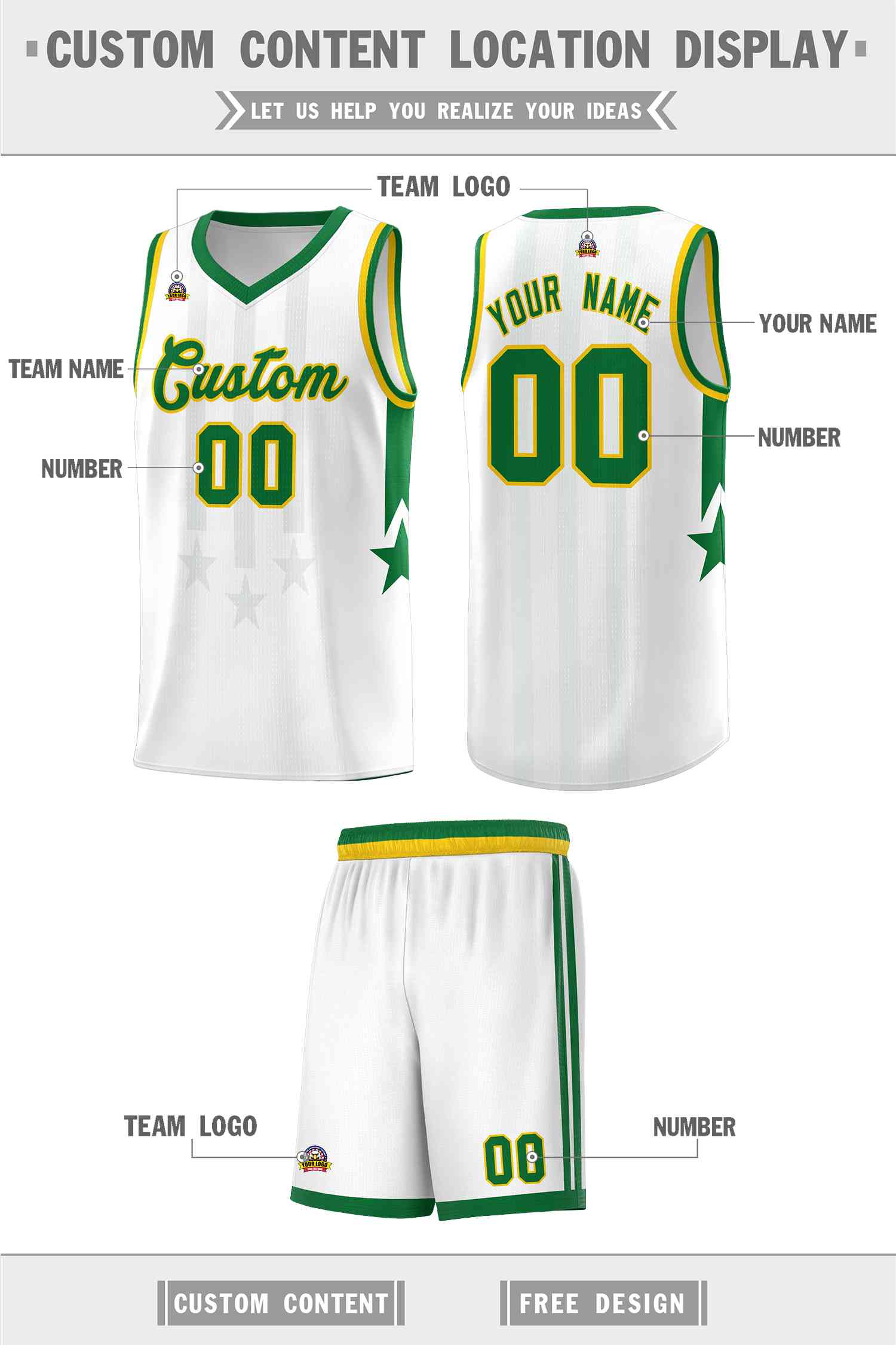 Custom White Kelly Green and Gold Gradient Star Graffiti Pattern Sports Uniform Basketball Jersey