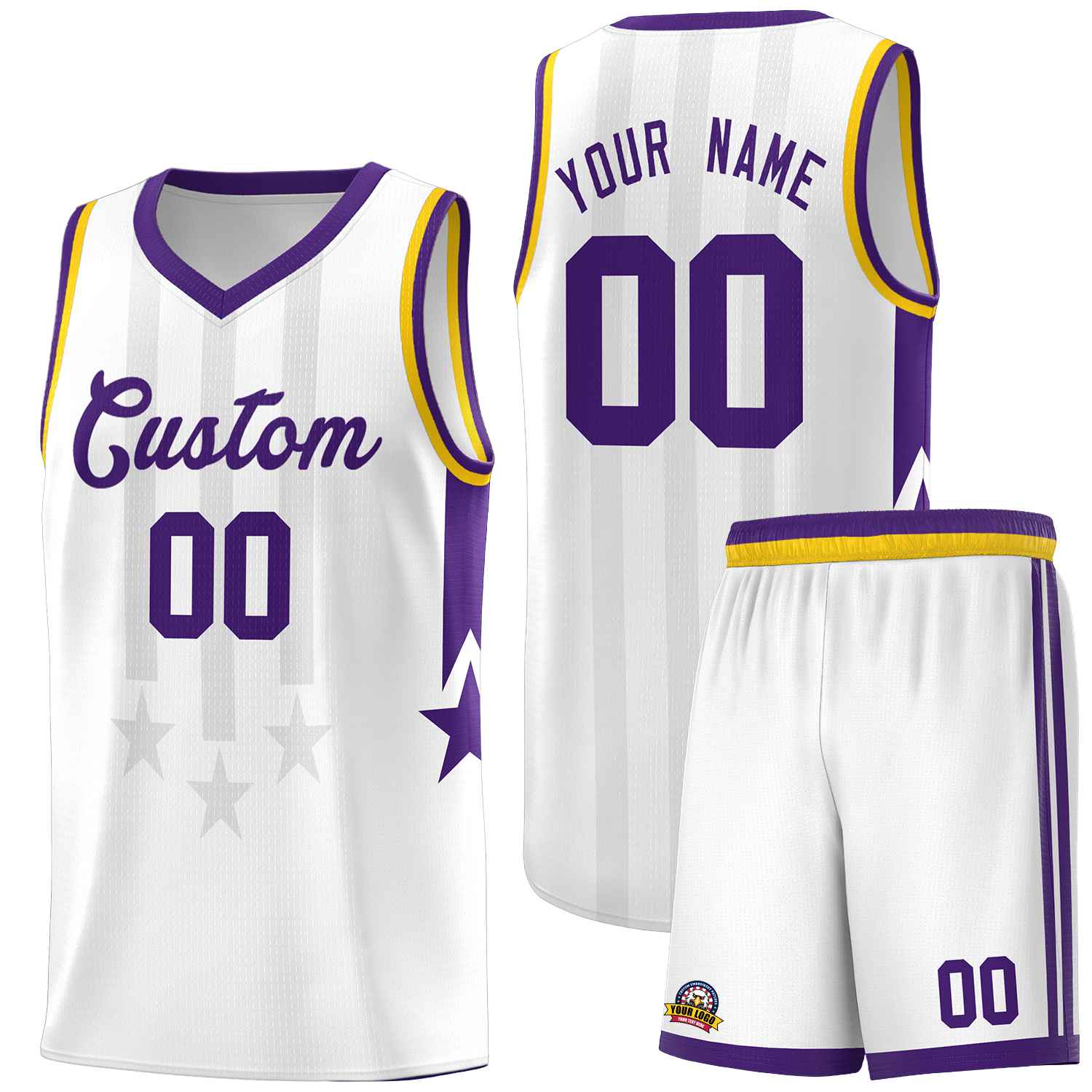 Custom White Purple and Gold Gradient Star Graffiti Pattern Sports Uniform Basketball Jersey